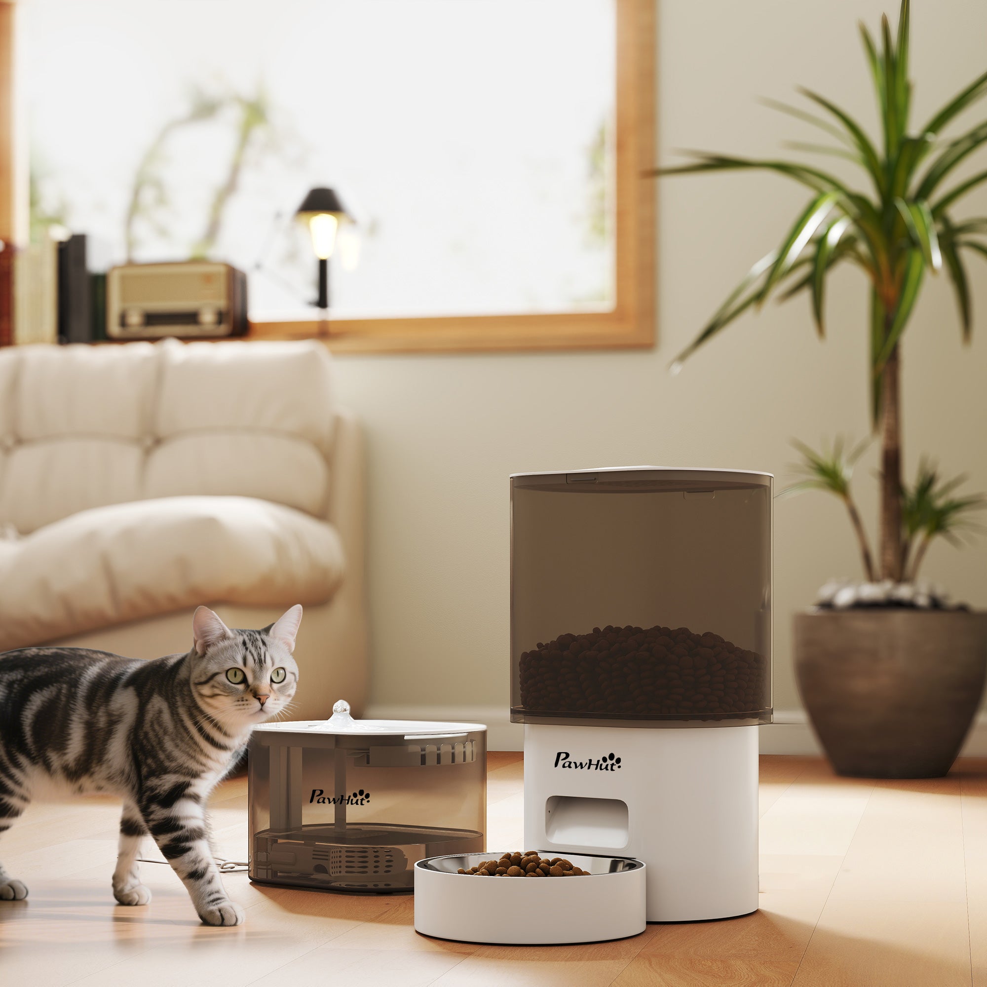 PawHut Automatischer Futterspender und 2,5 L Wasserspender für kleine Hunde, Katzen Weiß