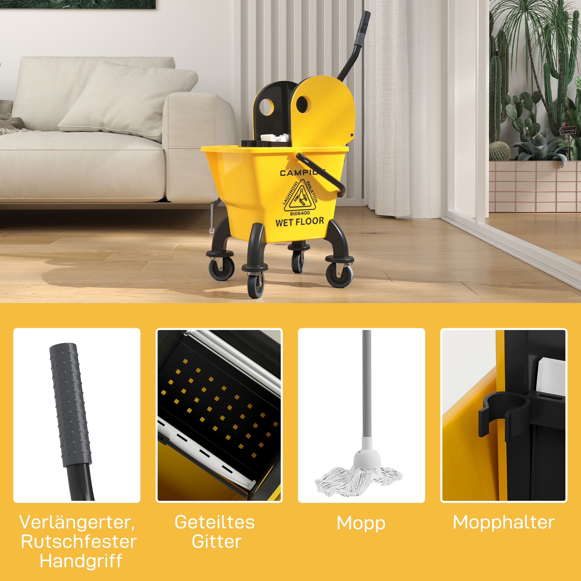 HOMCOM Rollbarer Mopp-Eimer, Wischeimer mit Auswringer und Mopp, 26 Liter, Gelb