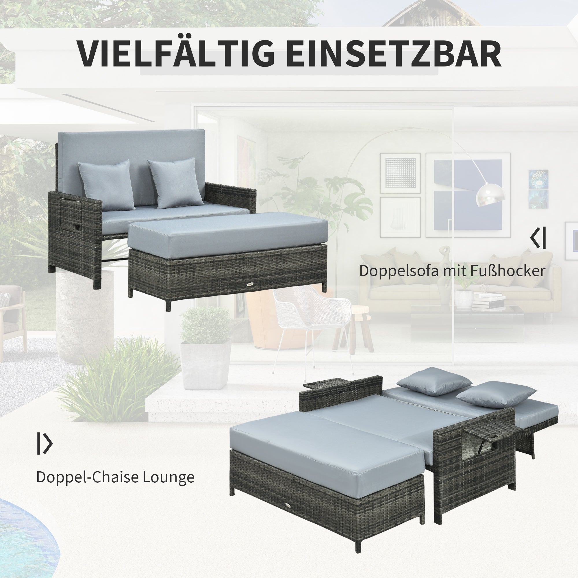 Outsunny Gartensofa mit Liegefunktion, ausfahrbare Fußbank mit Stauraum, Sitzkissen, grau, 130 x 72 x 96 cm