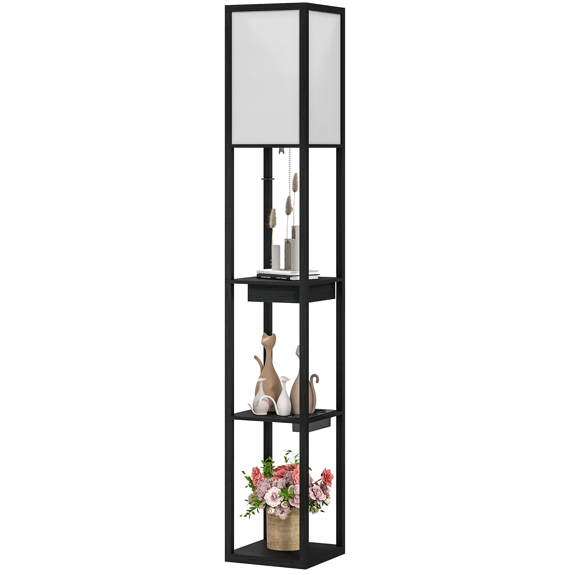 HOMCOM Stehlampe mit 3-stufigem Regal, Fußschalter, USB-Anschlüssen, MDF, Schwarz