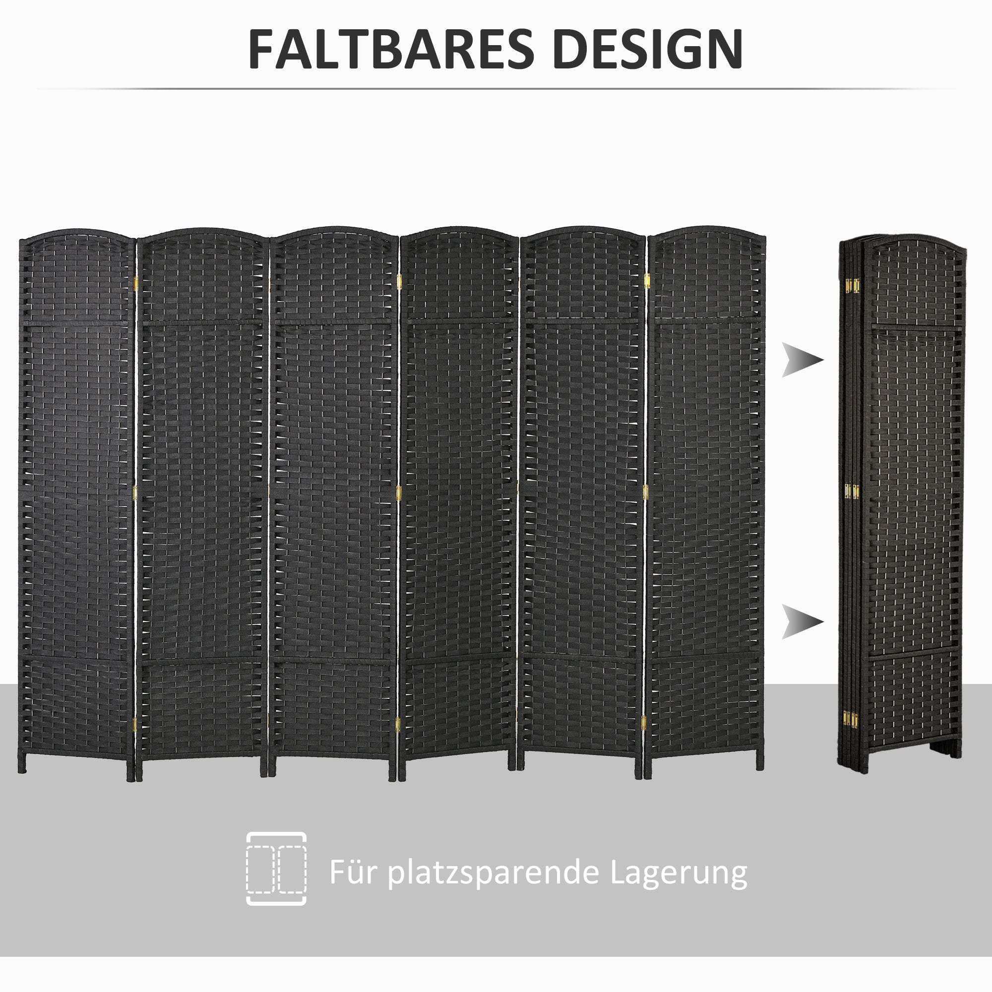 HOMCOM 6-teiliger Raumtrenner, Faltbarer Sichtschutz, Sichtschutzwand für Wohnzimmer, Schlafzimmer, Homeoffice, Schwarz