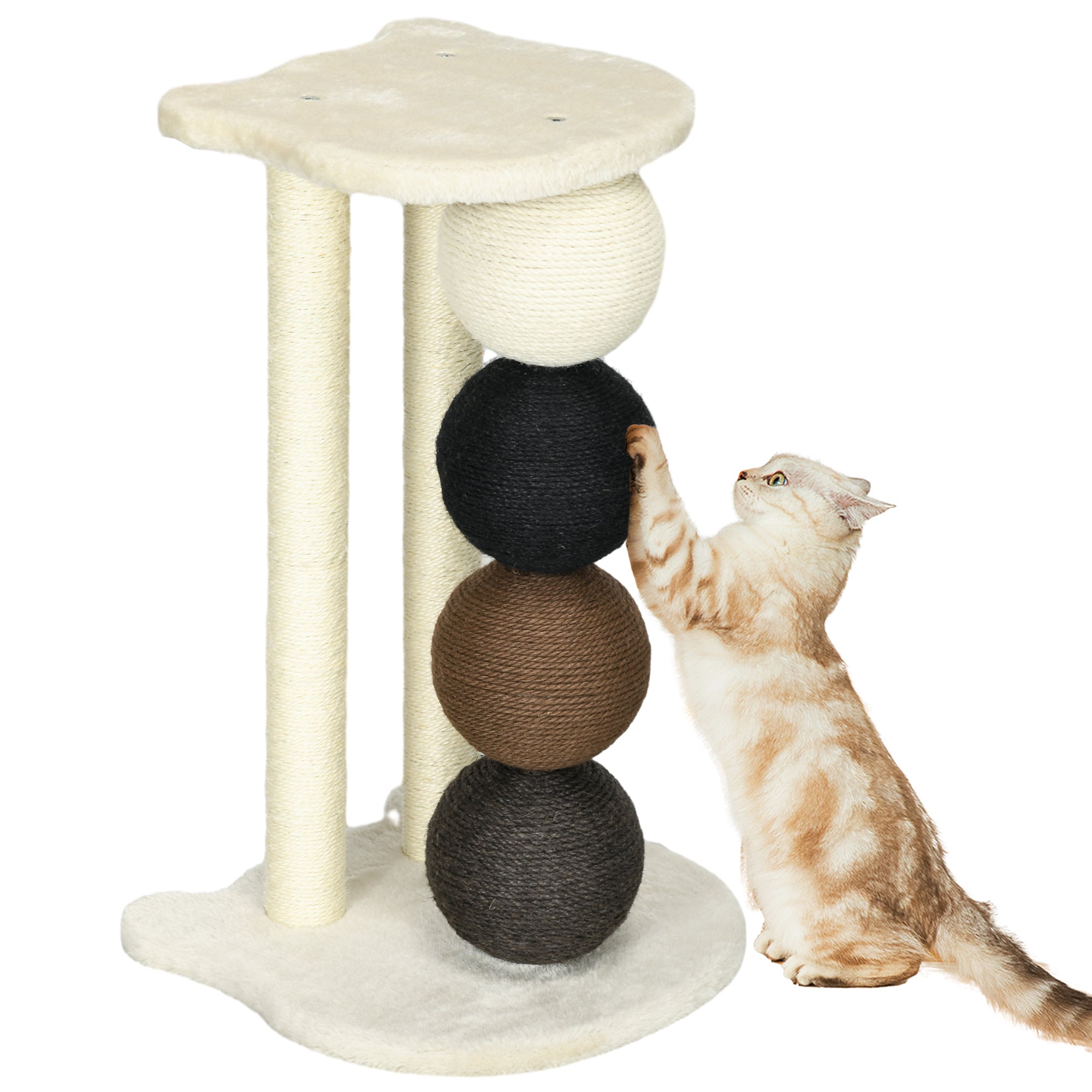 PawHut Kratzsäule für Katzen, Katzenkratzbaum Kratzbaum mit Plattform, Kratzstamm mit 2 Sisalpfosten und 4 Sisalbällen, Katzenkratzer Spielzeug, 38 x 38 x 64 cm