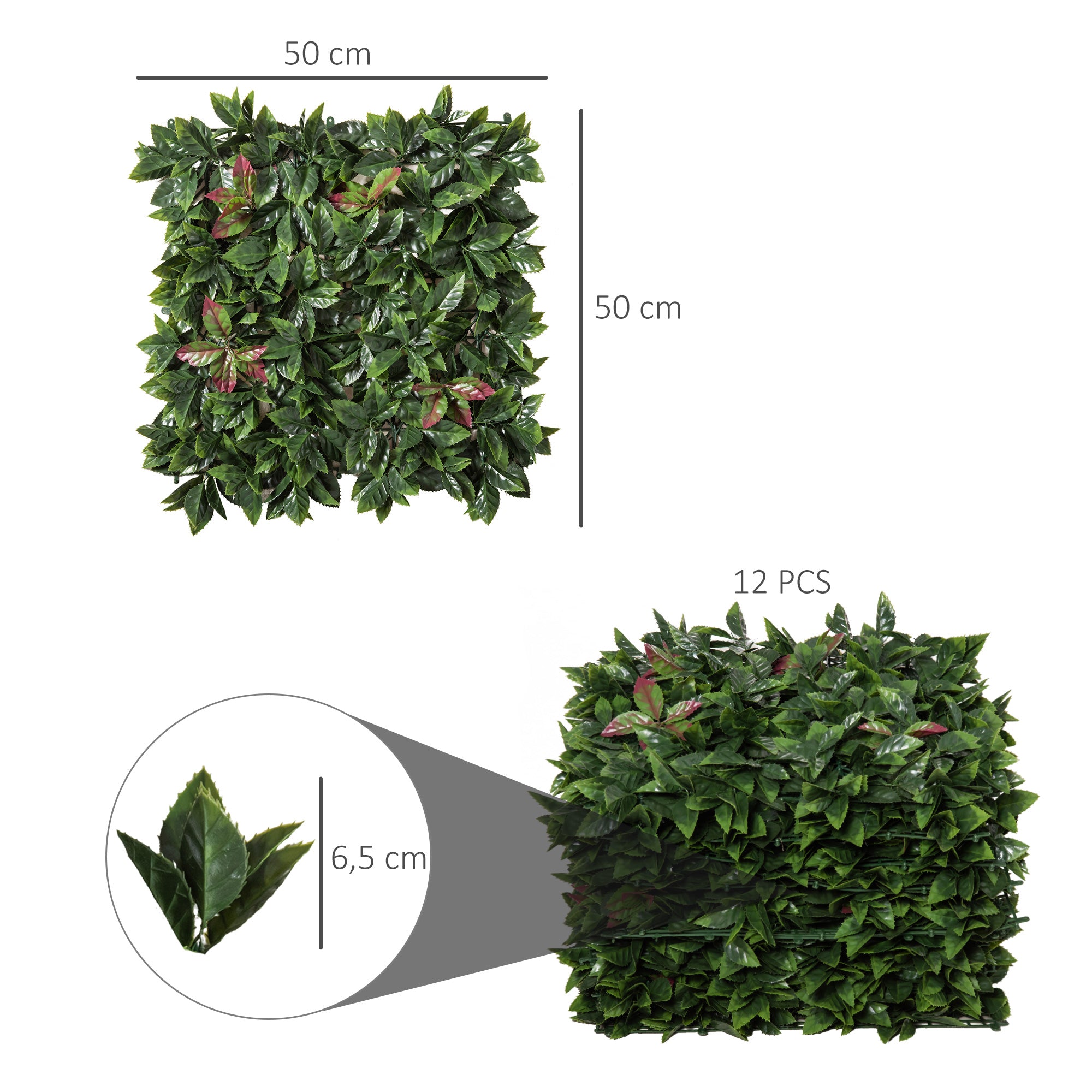 Outsunny 12 Stück künstliches Pflanzenwand Hecke 50x50 cm UV-Schutz Sichtschutz Glanzmispeln Design Heckenpflanze für Garten Outdoor Dekor