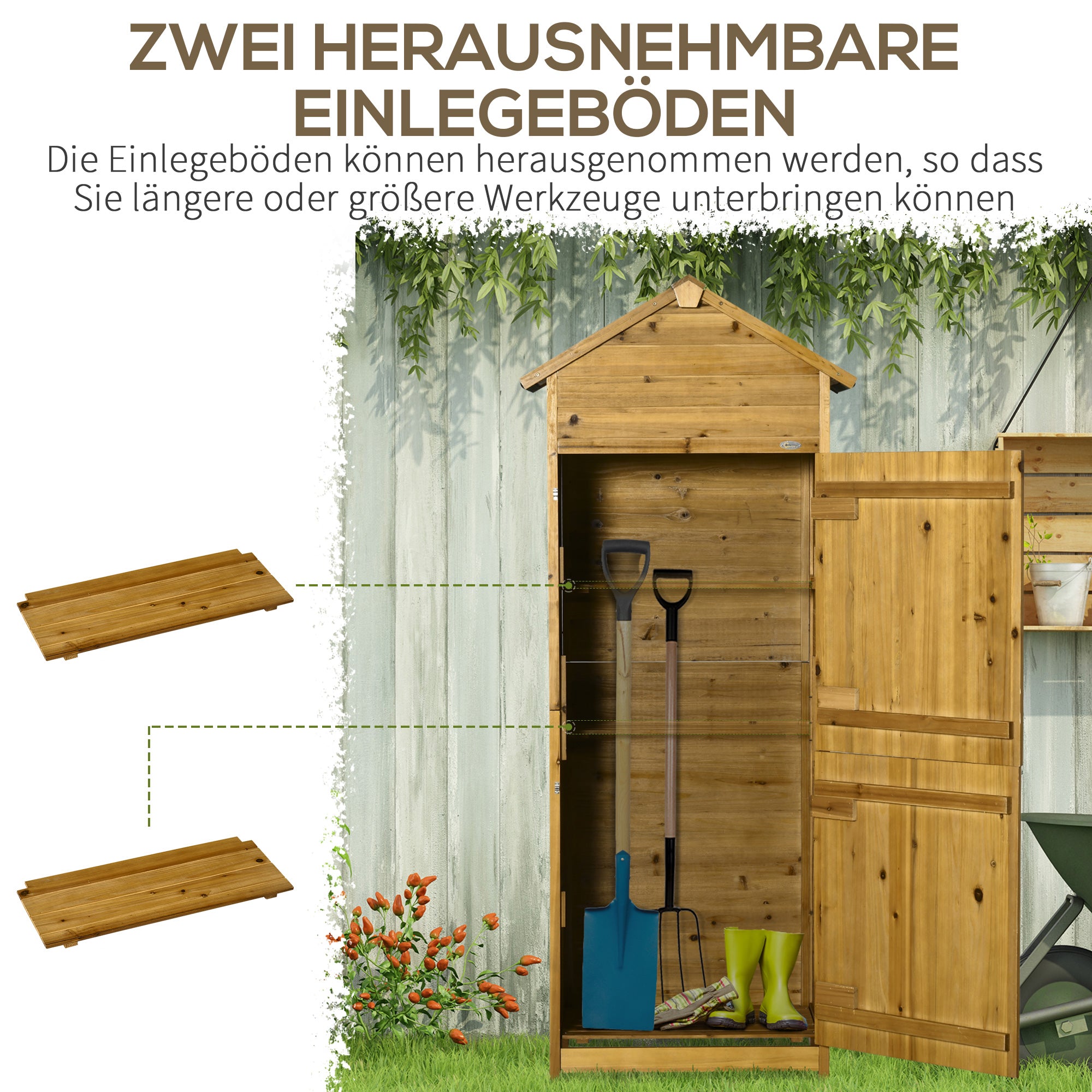 Outsunny Geräteschrank, Gartenschuppen, 2 Regale, 2 Türen, wetterfest, Naturholz, 79 x 49 x 190cm