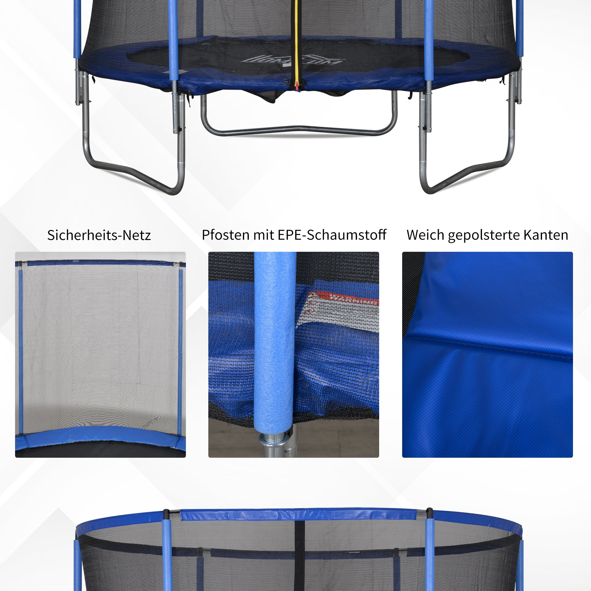 HOMCOM Trampolin mit Sicherheitsnetz Gartentrampolin für Innen- und Außenbereich Fitnesstrampolin für Kinder und Erwachsene Stahl Blau+Schwarz bis 113,6 kg Ø244 x 240H cm