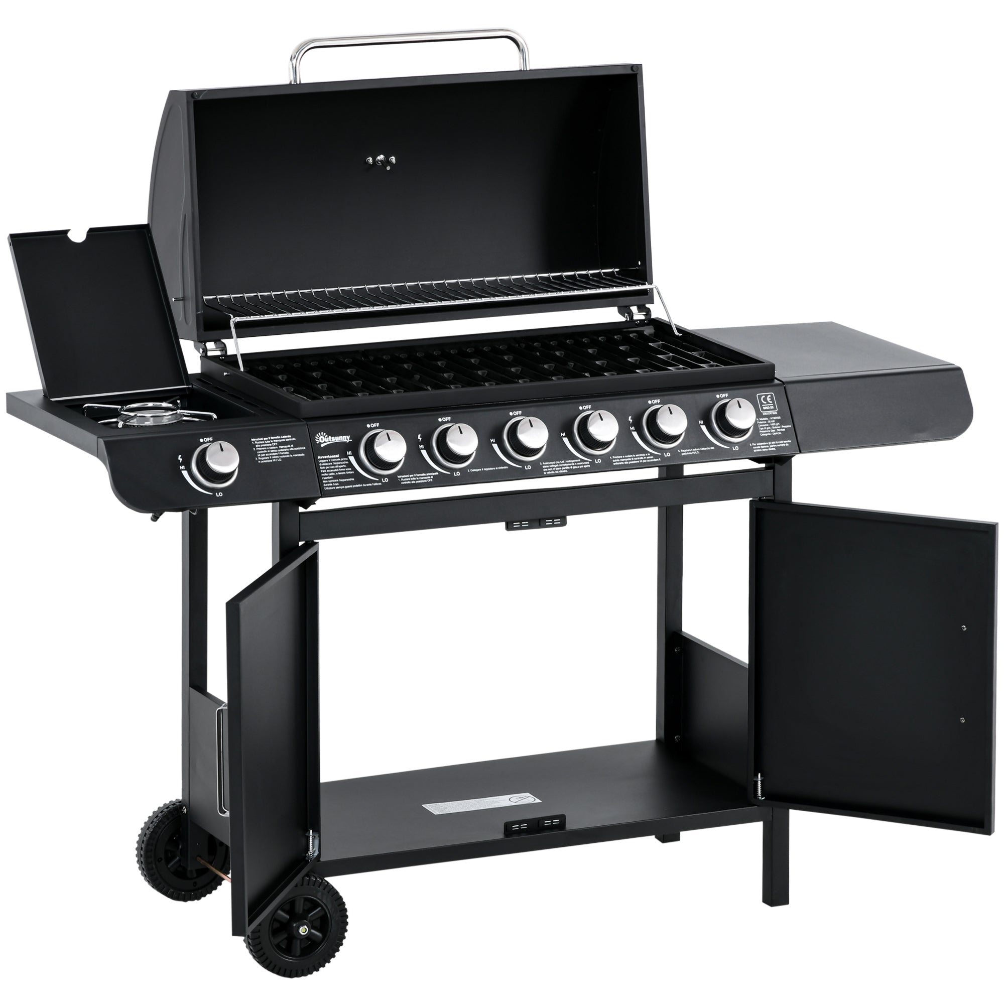 Outsunny Gasgrill mit 7 Brennern, inkl. Thermometer, BBQ -Grill, mobiler Grill, Schwarz