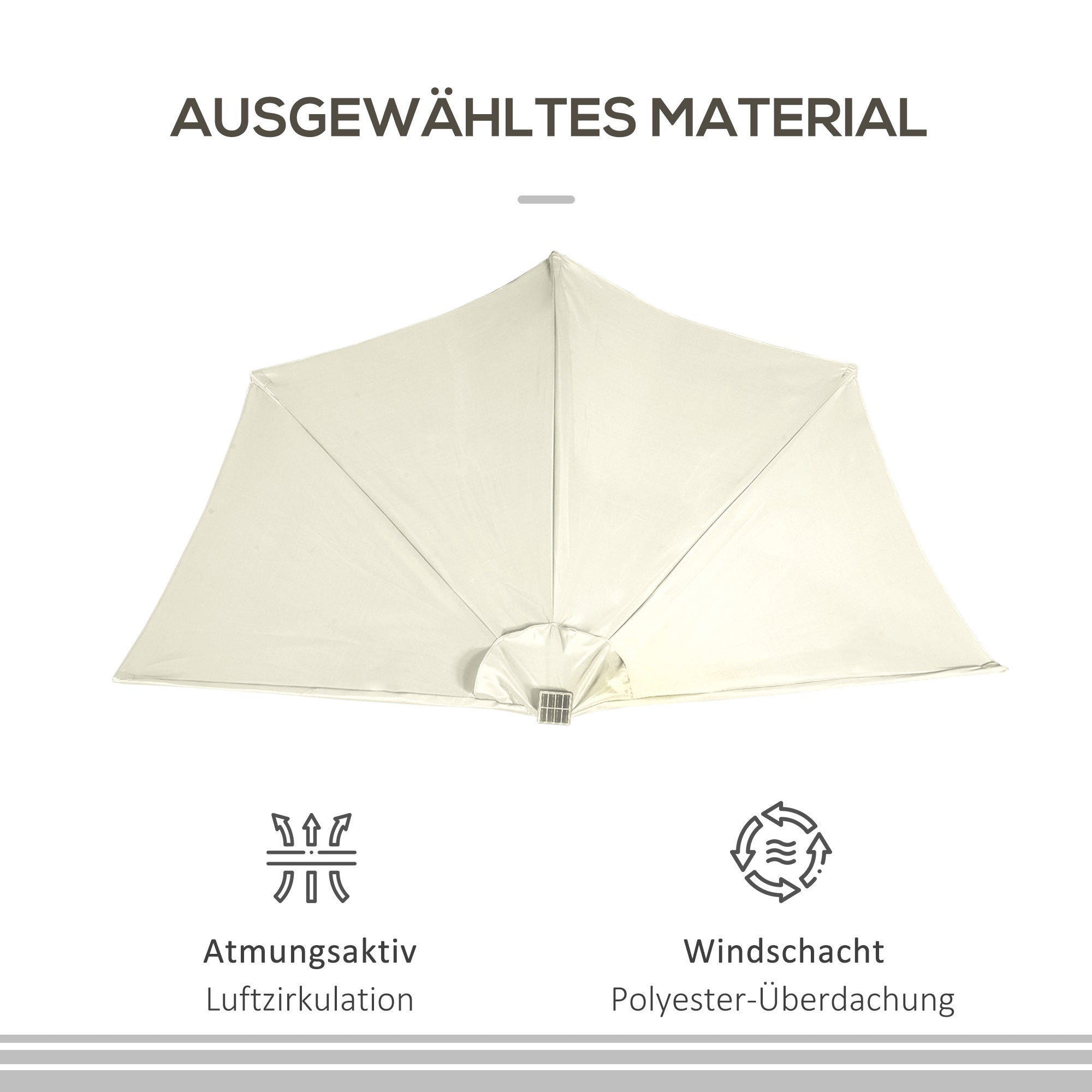 Outsunny Sonnenschirm, Terrassenschirm, halbrund, mit Solarpaneel, 20 LEDs, Handkurbel, beige, 2,70 x 1,35 x 2,40 m