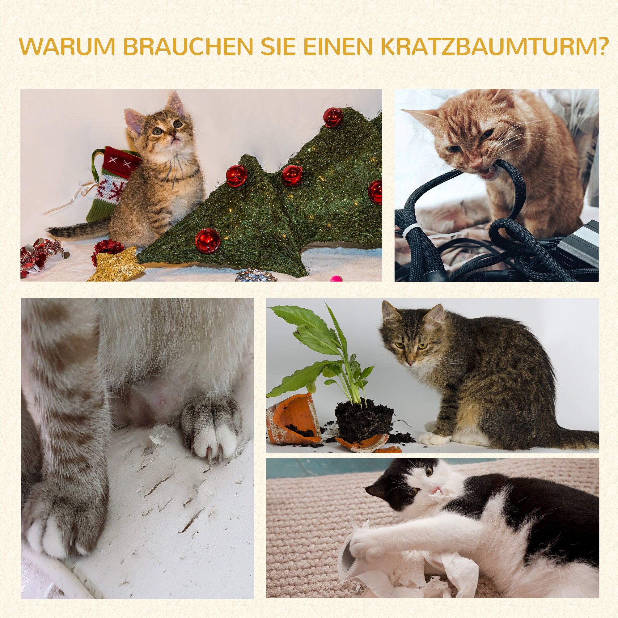 PawHut Katzenbaum Katzenkratzbaum Katzenspielturm Katzen Kletterbaum Kratzbaum Hängematte Grau L40 x B40 x H132 cm