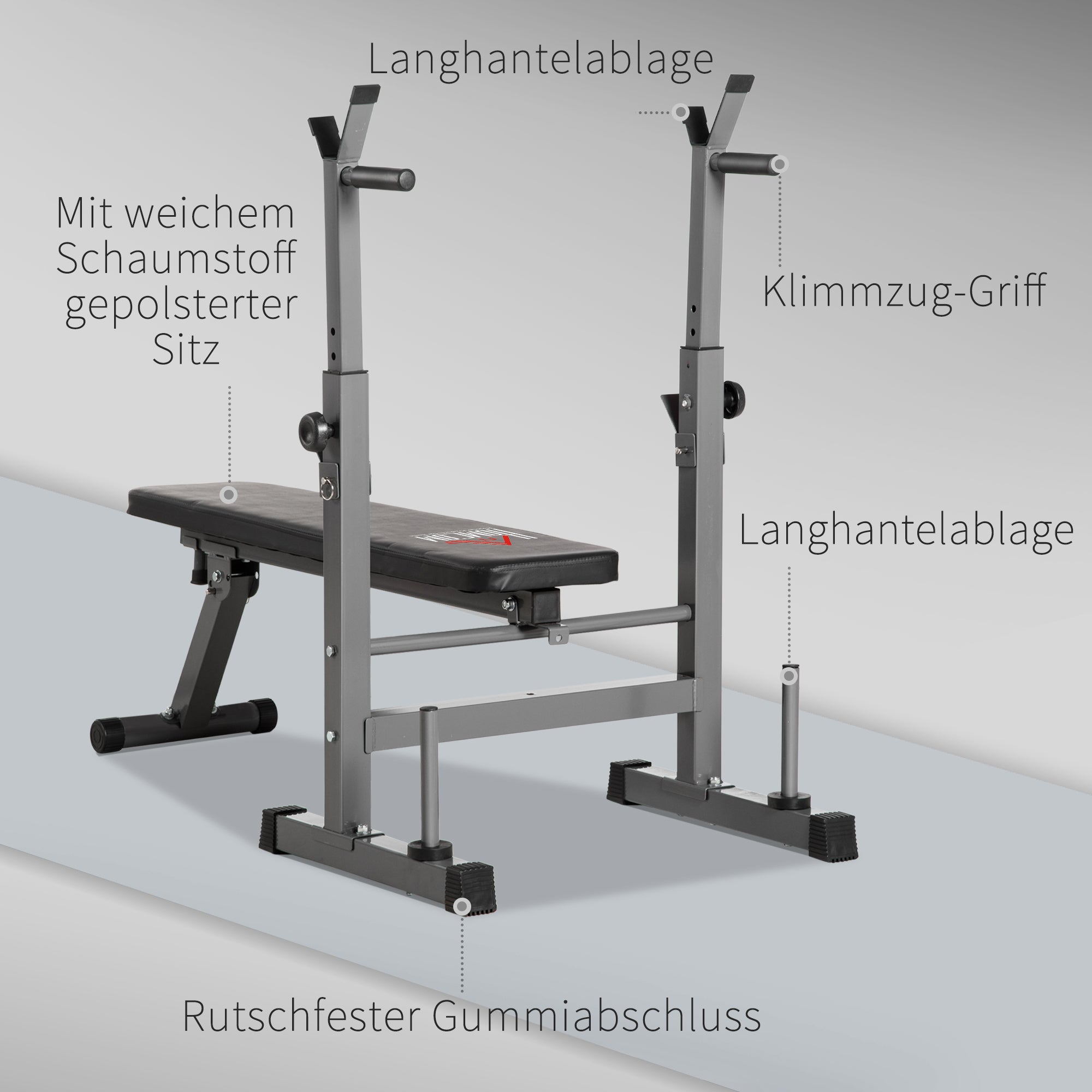 HOMCOM Hantelbank, 8 Positionen, klappbar, Stahlbasis, gepolstert, Kunstleder, 98-122H x 140L x 73B cm, Schwarz/Grau