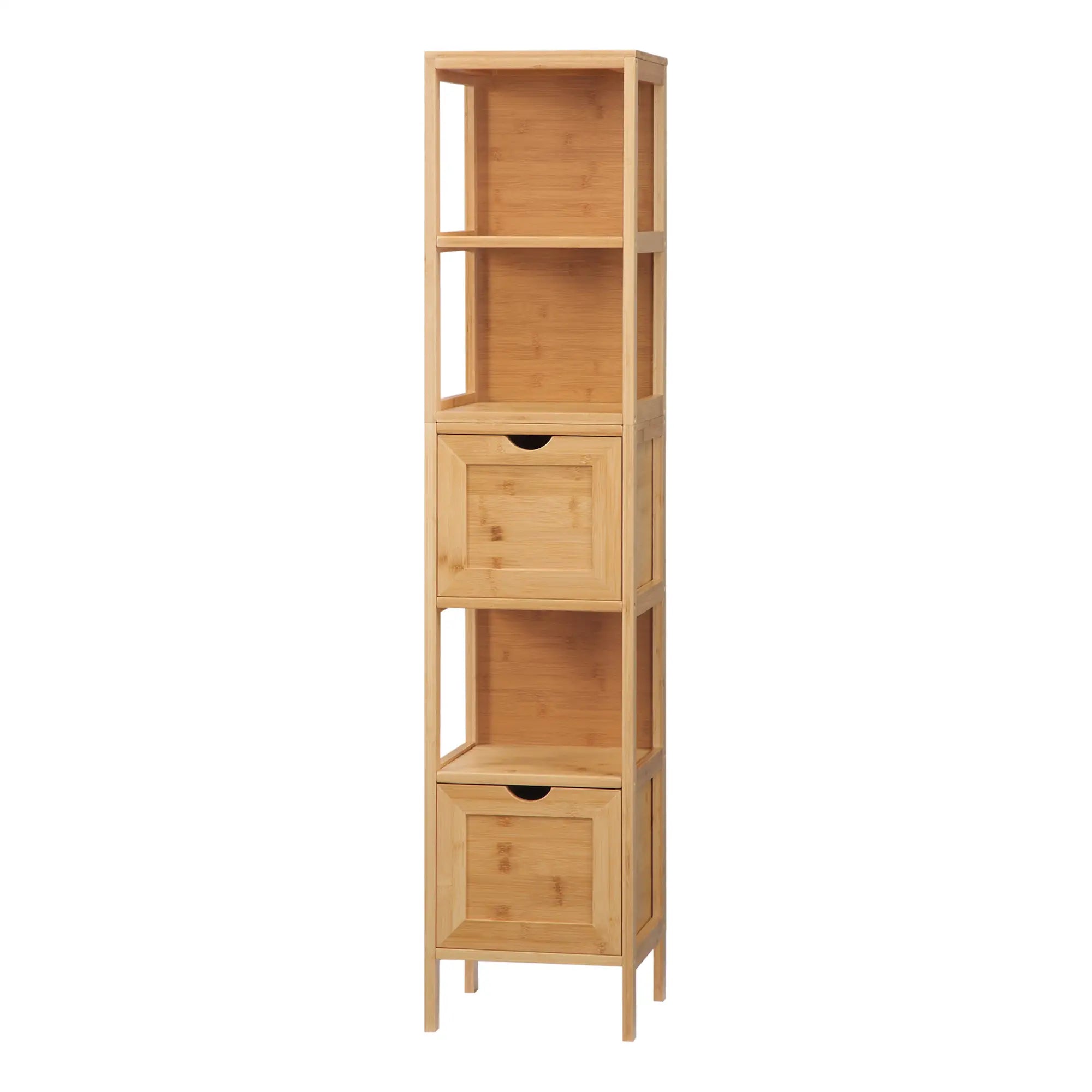 kleankin Badezimmerschrank, 3 Regale, 2 Schubladen, Bambus, 30 cm x 30 cm x 140 cm, Natur