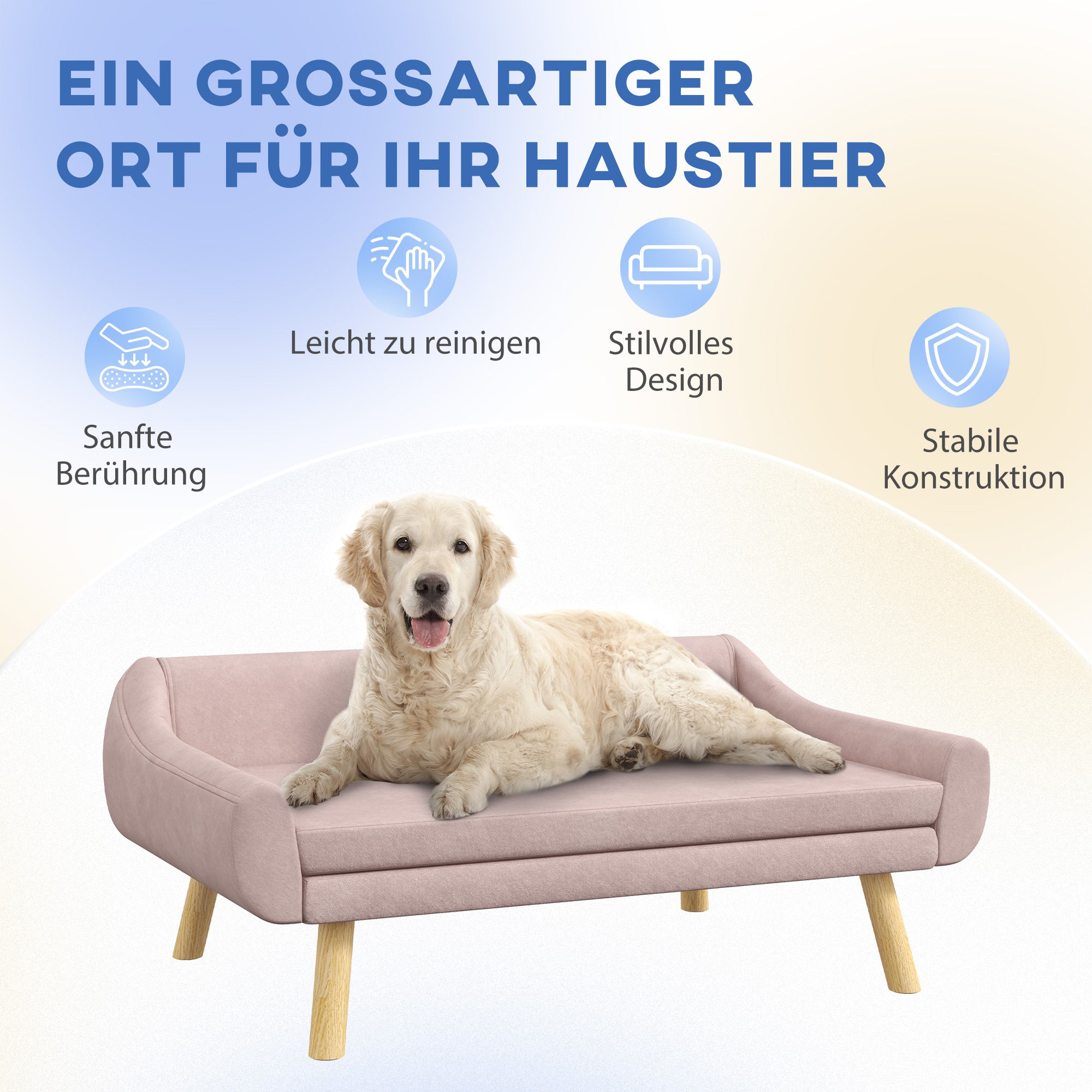 PawHut Haustiersofa Hundesofa, Skandidesign, abnehmbares Polster, Samtoptik, 102 cm x 58,5 cm x 42,5 cm, Rosa + Natur