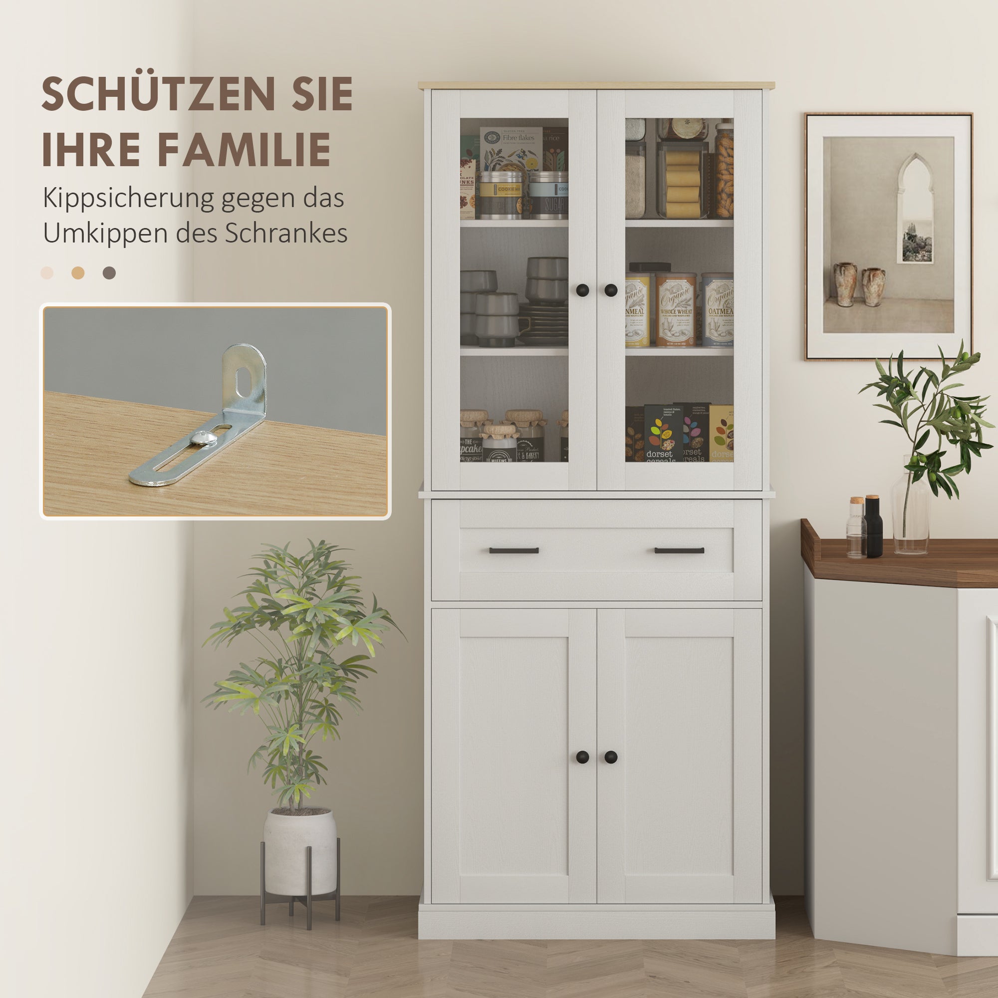 HOMCOM Küchenschrank, Buffet, Acrylfront, Schubladen, 76 x 40 x 182,5 cm, Cremeweiß