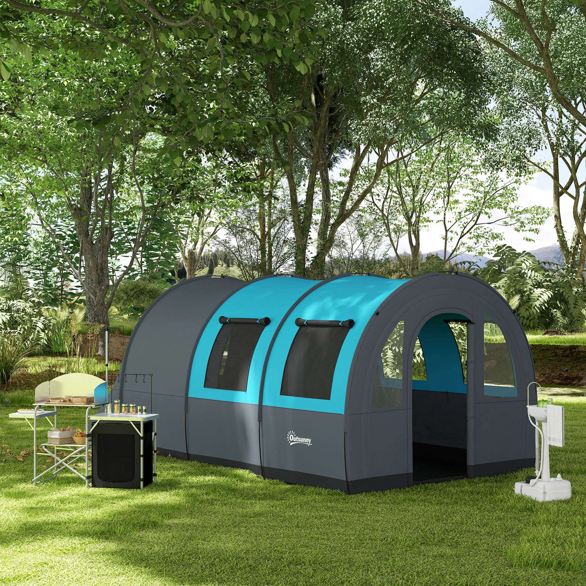 Outsunny Campingzelt bis 6 Pers., Familienzelt, separate Bereiche, wasserdicht, Grau/Blau