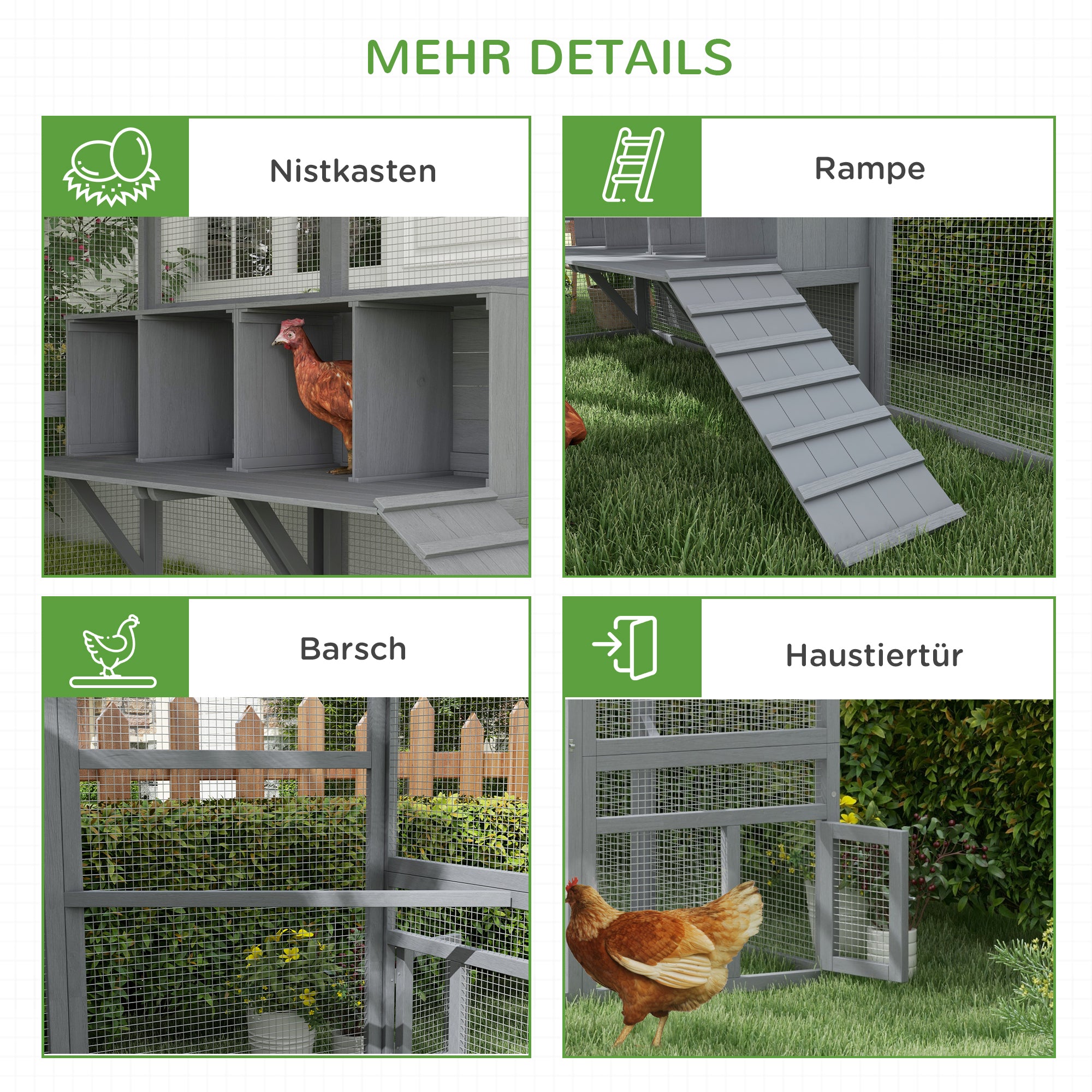 PawHut Hühnerstall Hühnerhaus Hühnerhütte, begehbar, wetterbeständig, 280 x 185,5 x 188 cm, Grau