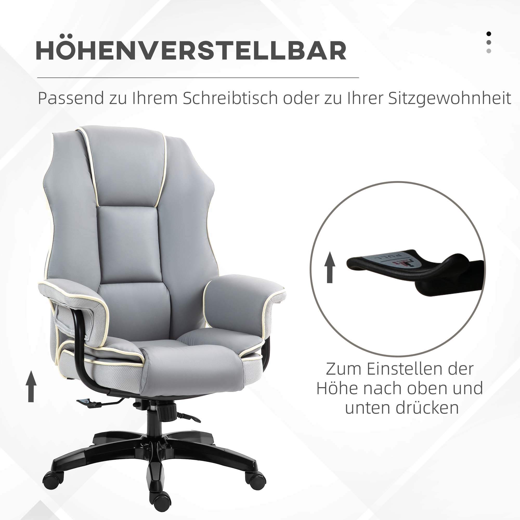Vinsetto Ergonomischer Bürostuhl, extra gepolstert, Liegefunktion, Kunstleder, 76x80x118-124 cm, Hellgrau
