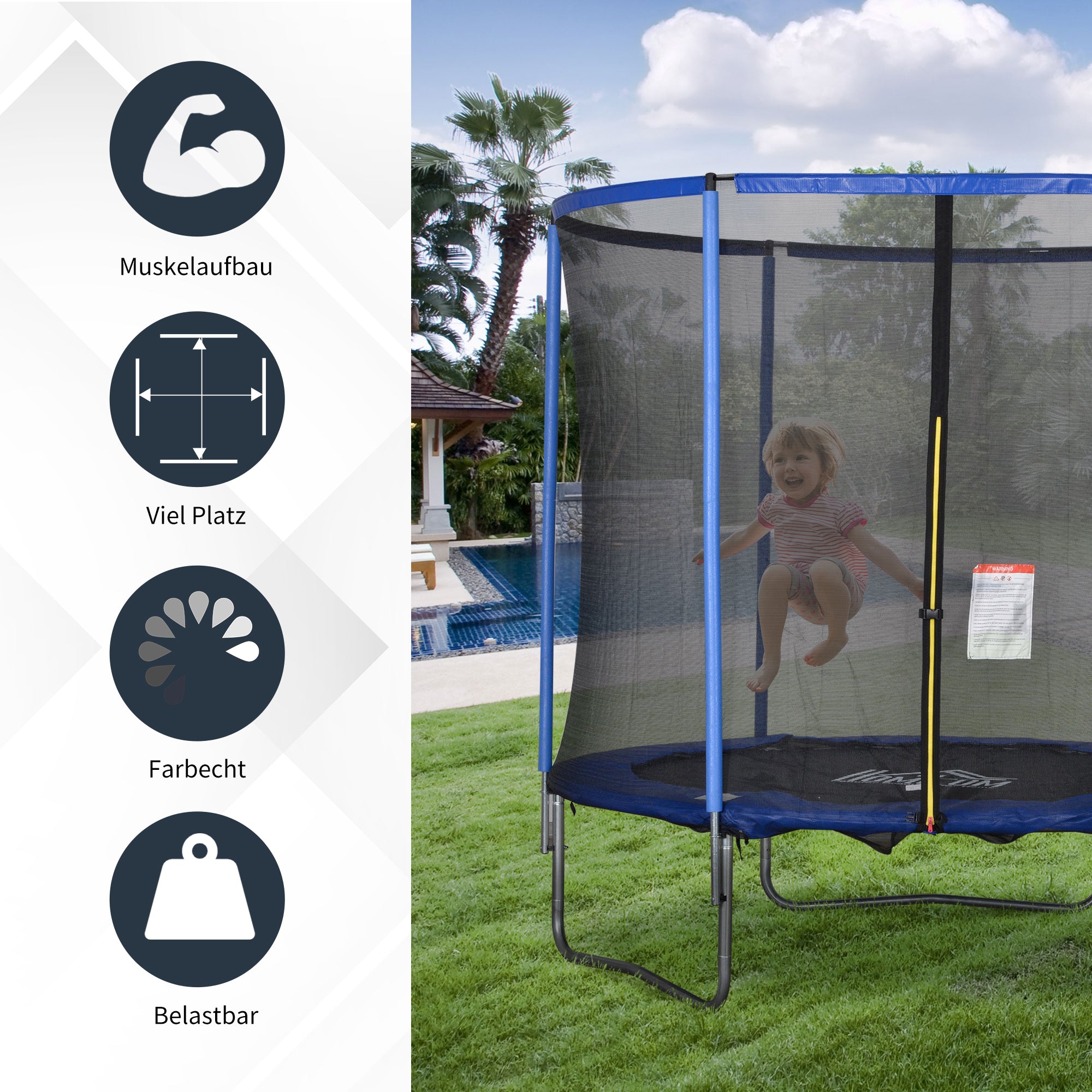 HOMCOM Trampolin mit Sicherheitsnetz Gartentrampolin für Innen- und Außenbereich Fitnesstrampolin für Kinder und Erwachsene Stahl Blau+Schwarz bis 113,6 kg Ø244 x 240H cm