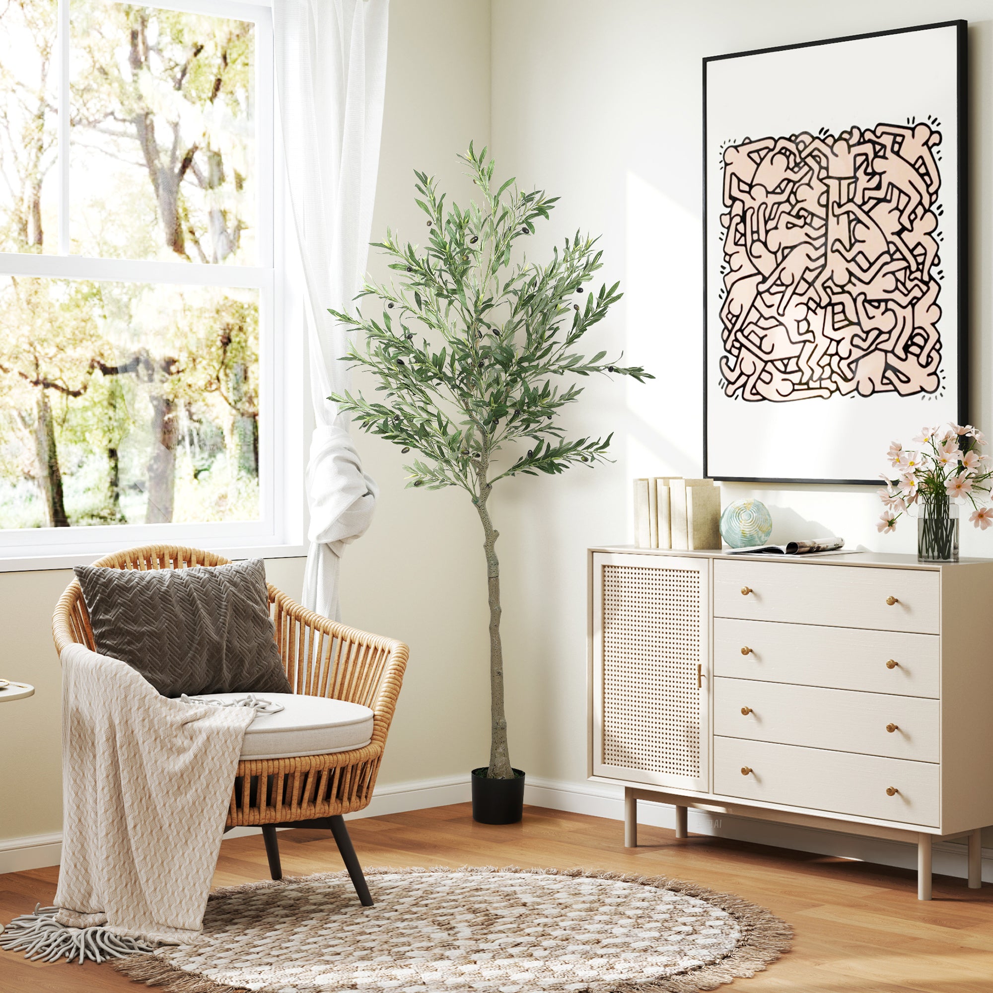 HOMCOM Kunstpflanze, Künstlicher Olivenbaum, 180 cm, 900 Blätter, 40 Oliven, stabiler Blumentopf, Dekorationspflanze, Grün