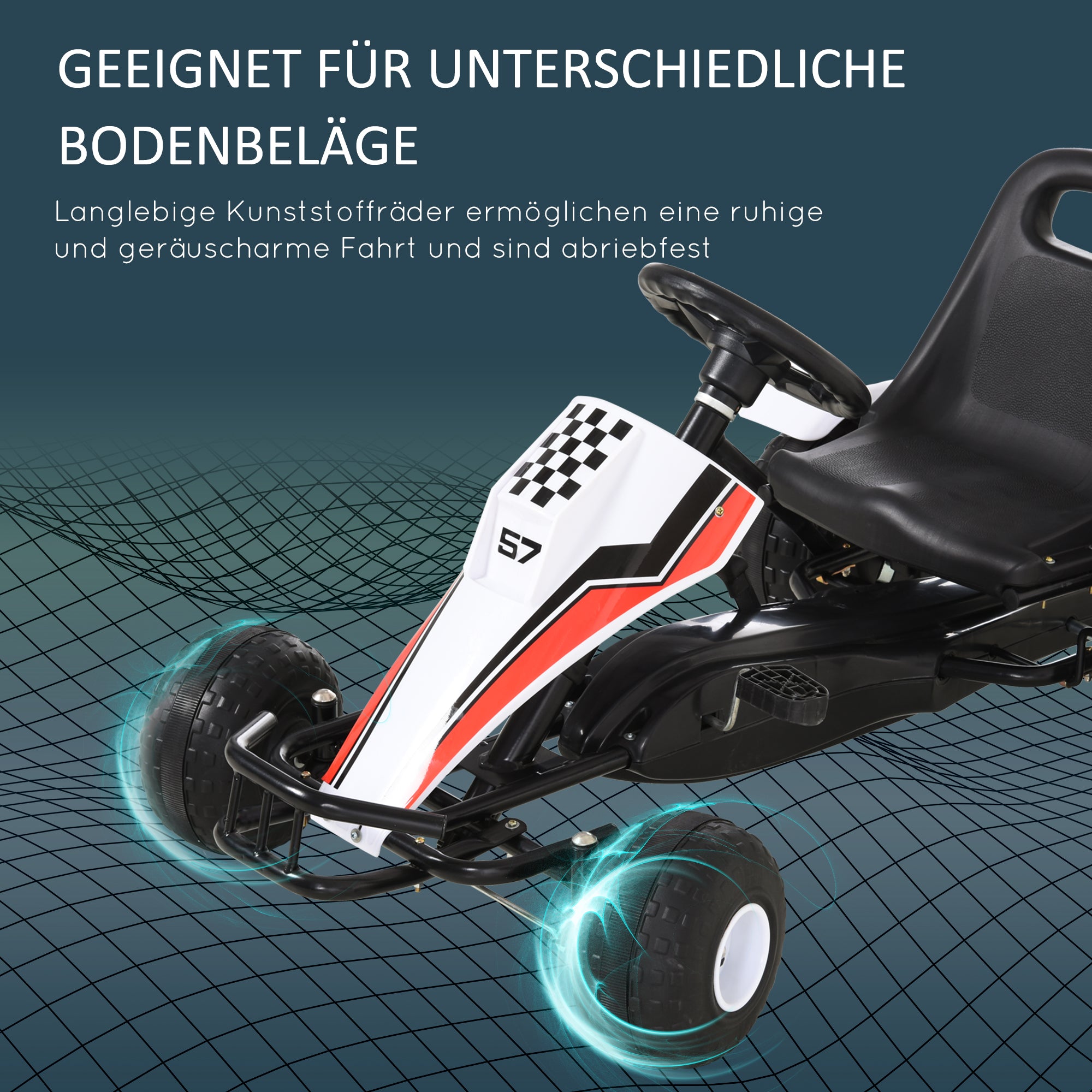 HOMCOM Go Kart Kinderfahrzeug Tretauto mit Pedal Bremsen Kinderspielzeug für 3-6 Jahre Stahl Weiß 104 x 66 x 57 cm