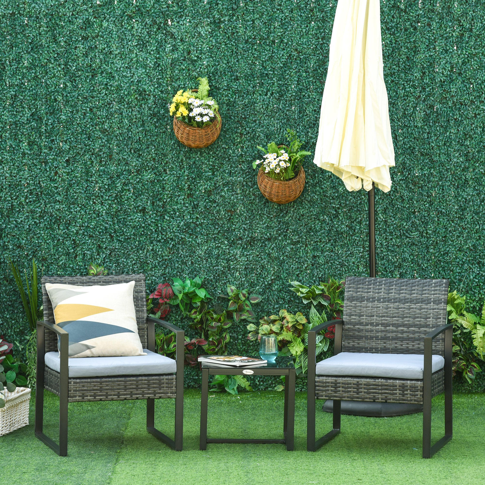 Outsunny Rattan Gartenmöbel Set für 2 Personen Polyrattan Gartenmöbel Set Balkonmöbel Set mit Kissen Garten Grau