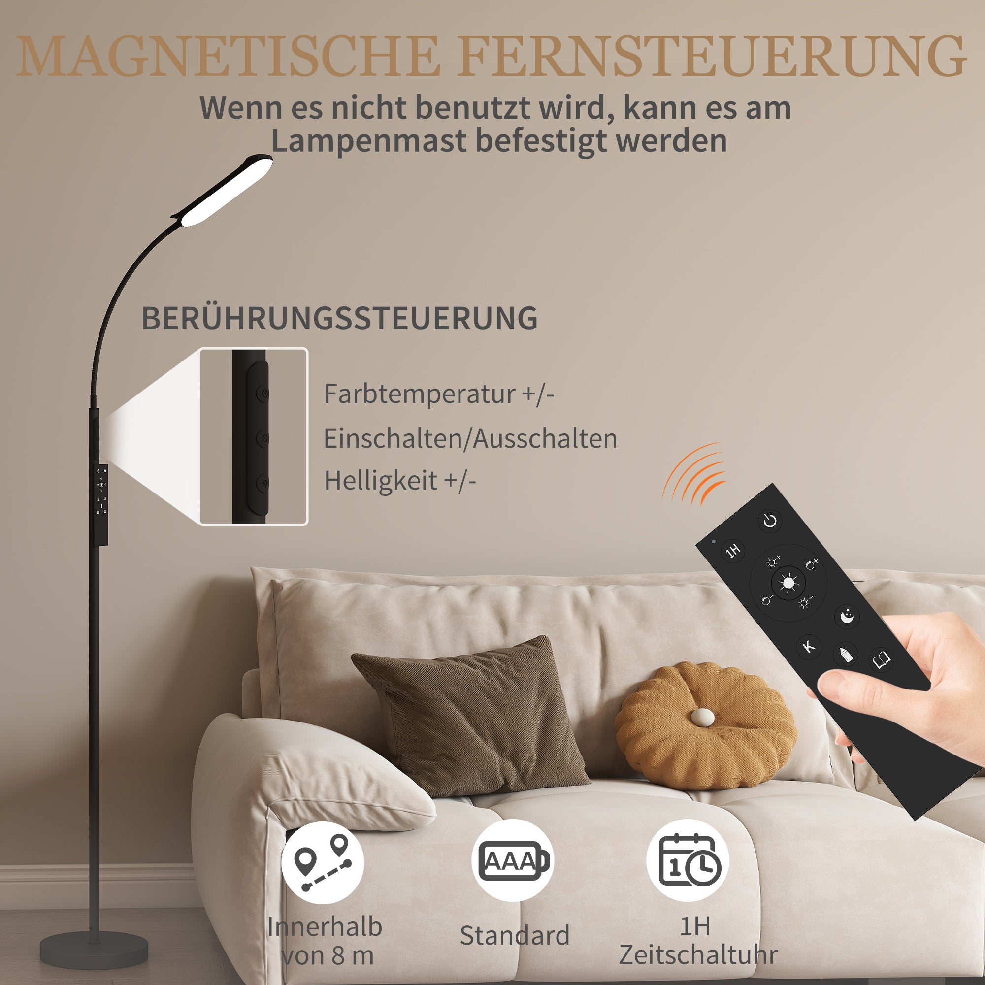 HOMCOM LED-Stehlampe, 5 Modi, Speicherfunktion, verstellbare Helligkeit, Stahl, Schwarz