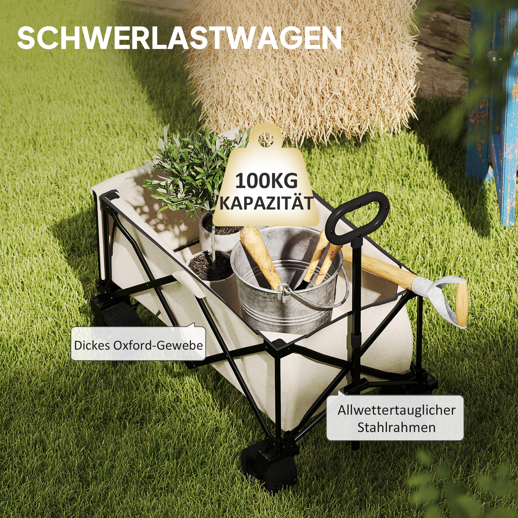 Outsunny Gartenwagen 100 kg belastbar, klappbar Transportwagen mit herausnehmbare Plane, 90 x 48 x 92 cm Beige