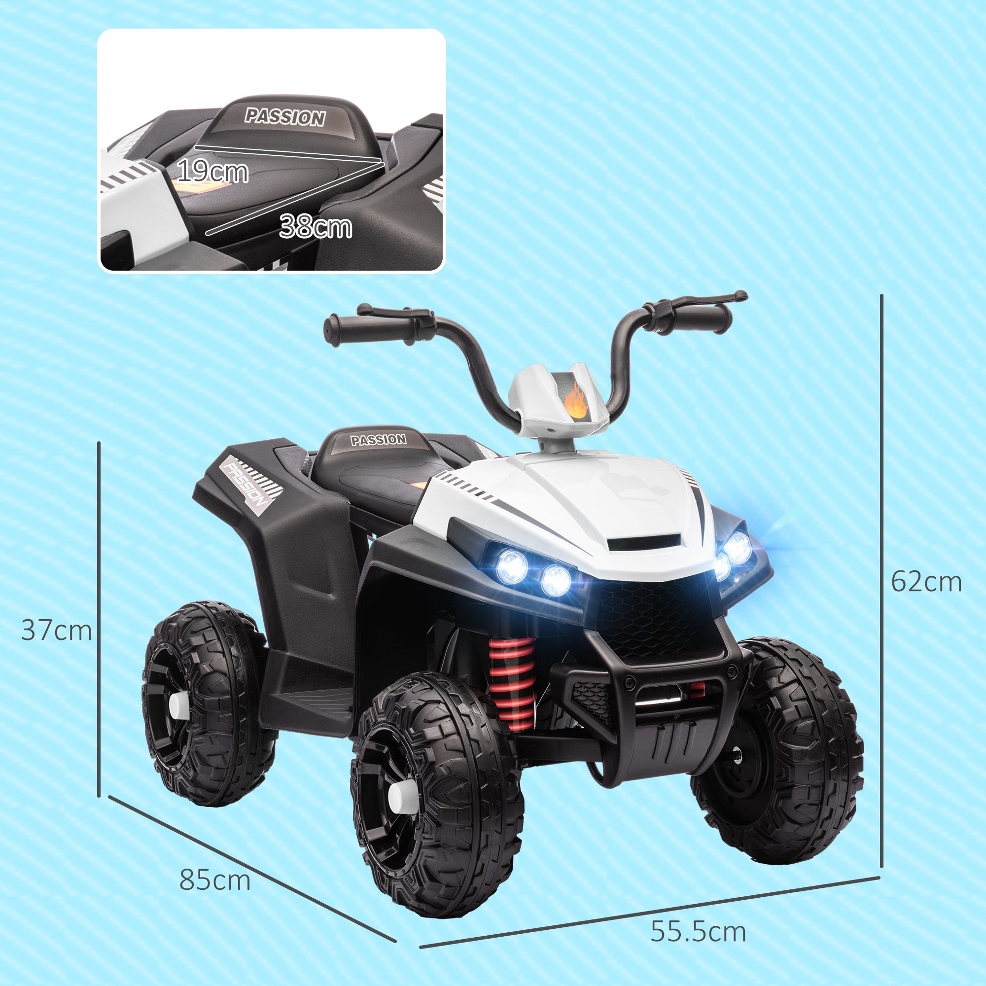 AIYAPLAY Elektro-Kinderquad, Licht & Musik, Federung, 5 km/h, 50 Min. Fahrzeit, für 3-5 Jahre, Weiß