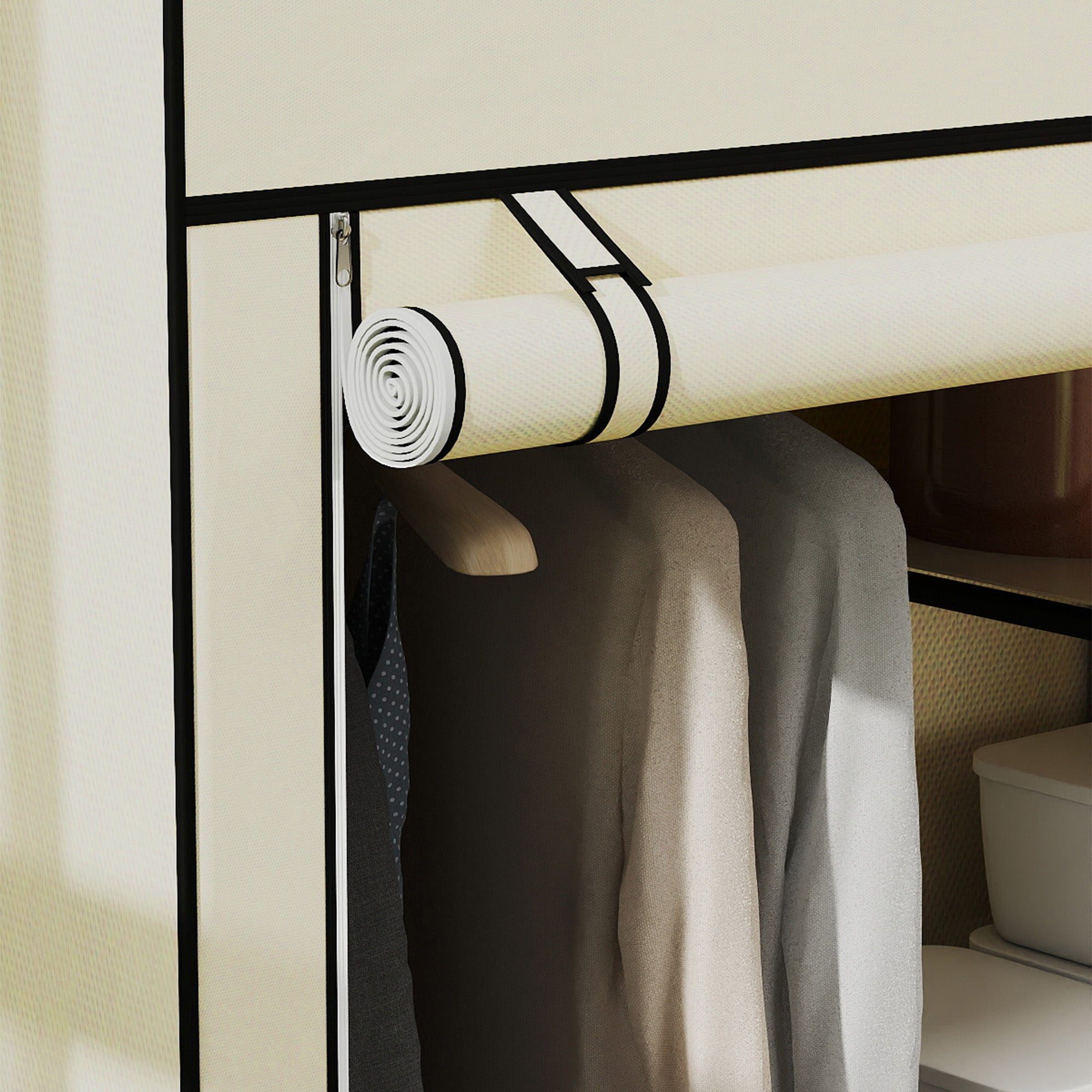 HOMCOM Schrank aus Stoff, Aufbewahrungslösung, 6 Regale, 1 Kleiderstange, Beige