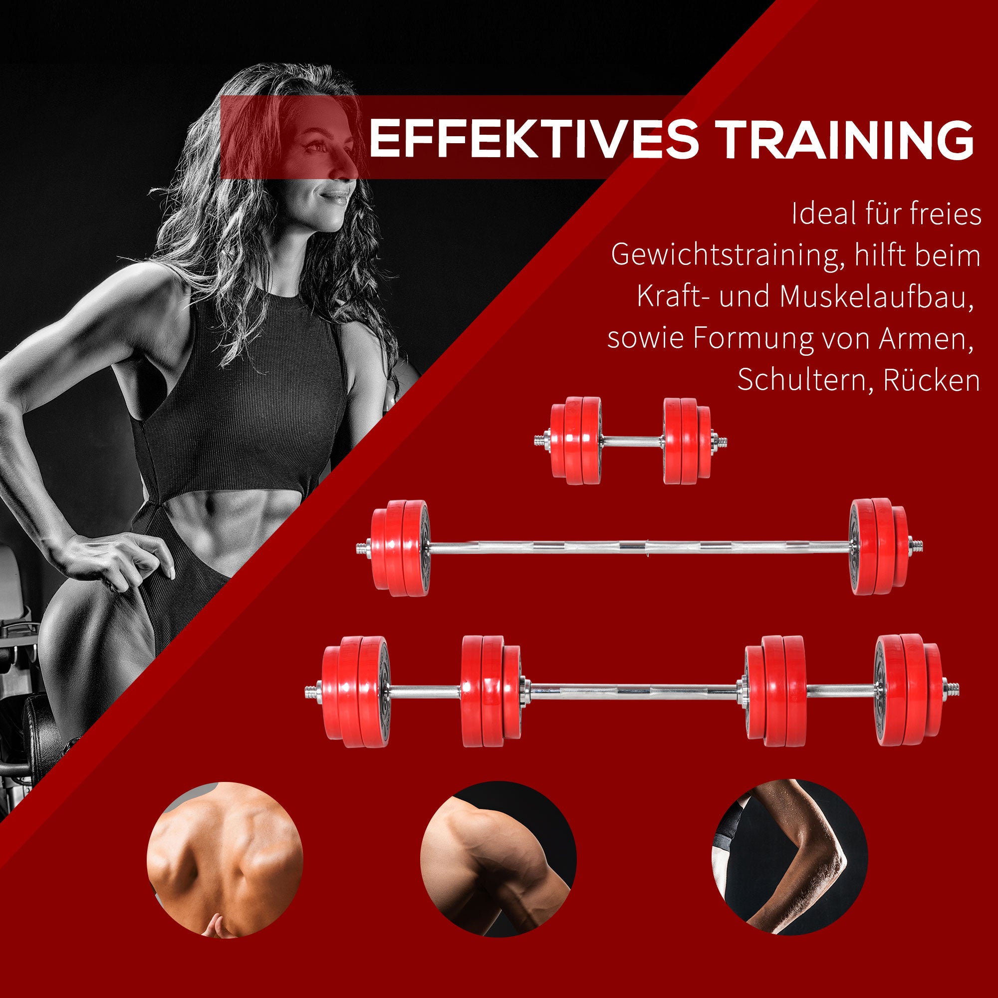 HOMCOM Hantelset 20/30KGS 2-IN-1 Hanteln&Langhanteln verstellbar Gewichtheben für Zuhause Fitness Muskel Stahl PP-Kunsstoff Eisen Sand Rot+Schwarz 21,5 x 21,5 x 3,8 cm