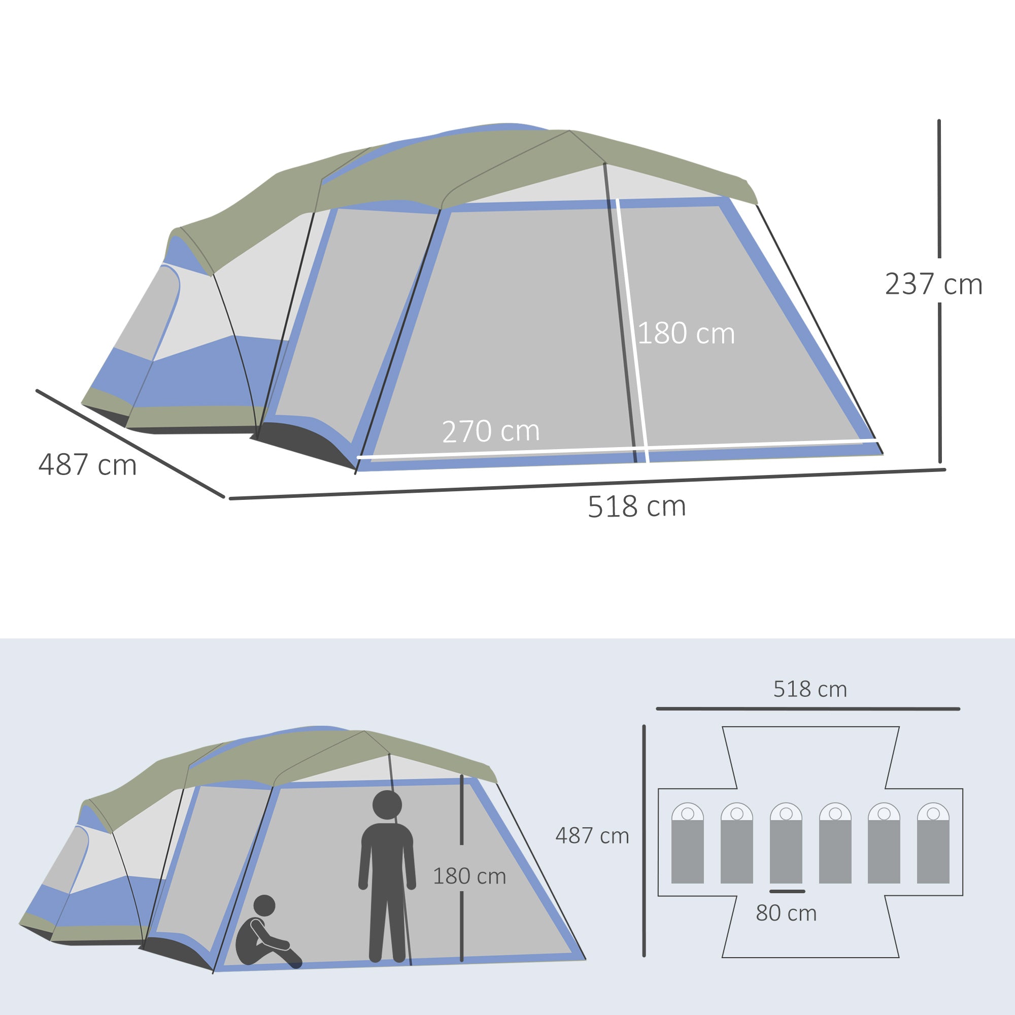 Outsunny Camping Zelt 6-8 Personen Zelt Familienzelt mit Vorraum 2 Fenster Kuppelzelt Kunstleder3000mm für Trekking Festival Glasfaser Blau 518 x 487 x 237 cm