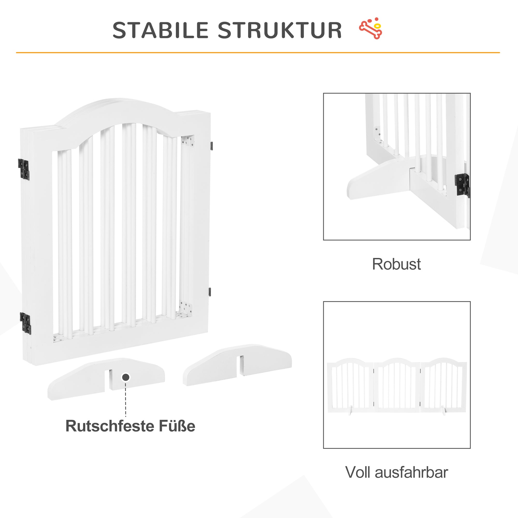 PawHut Absperrgitter Hund 3-teilig, 154,5 x 61 cm Faltbar Hundegitter mit Tür, Türschutzgitter mit 2 Stützfüßen, Freistehend Treppengitter für Küche, Flur, Weiß