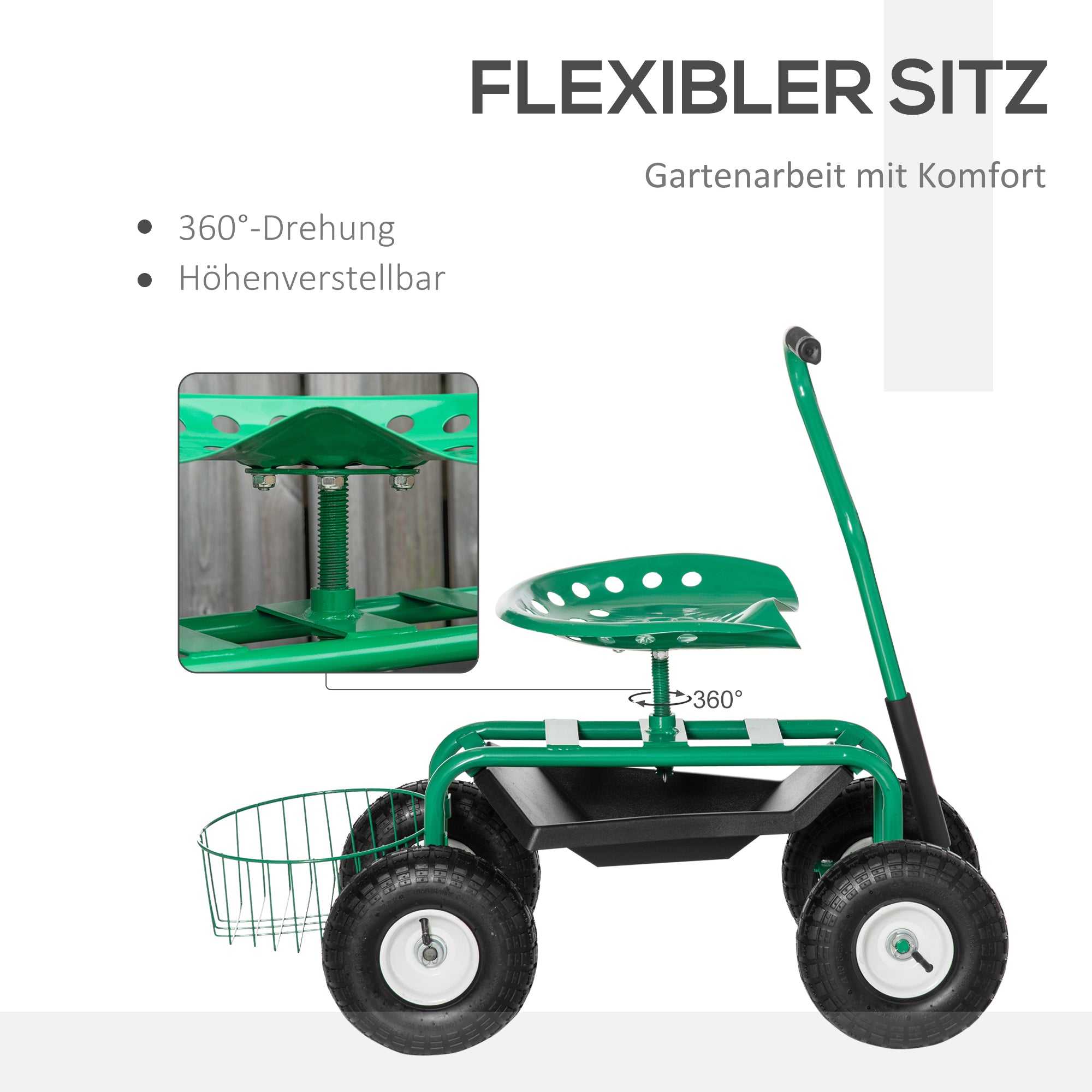 Outsunny Gartenwagen mit Rollsitz bis 150 kg mit Ablage Korb für kleine Gartengeräte Werkstattwagen fahrbar Gartensitz Richtung steuerbar Sitzhöhe 46-59 cm höhenverstellbar Metall Gummi Grün