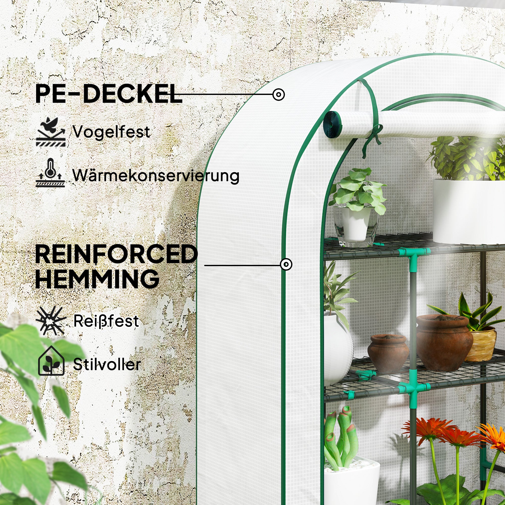 Outsunny Mini-Gewächshaus, 4-stufiges Gewächshaus mit Kunststoff-Plane, tragbar, Rolltür, 100 x 45 x 160 cm, Weiß