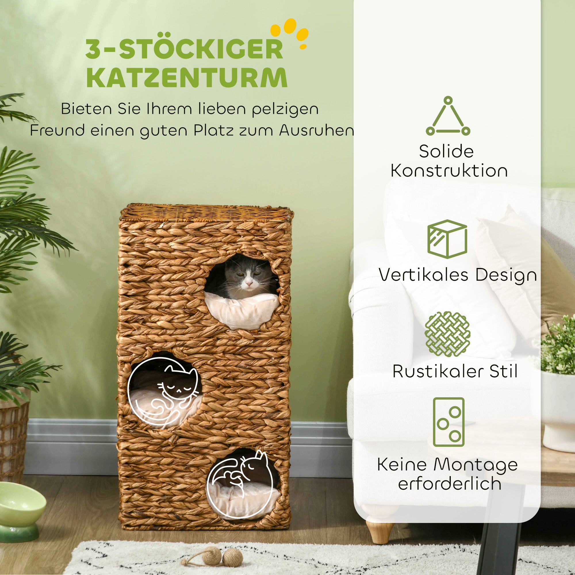 PawHut Katzenbaum mit Kratzturm, 3 Etagen, gepolsterte Kissen, Türöffnungen, Wasserhyazinthe, Hellbraun