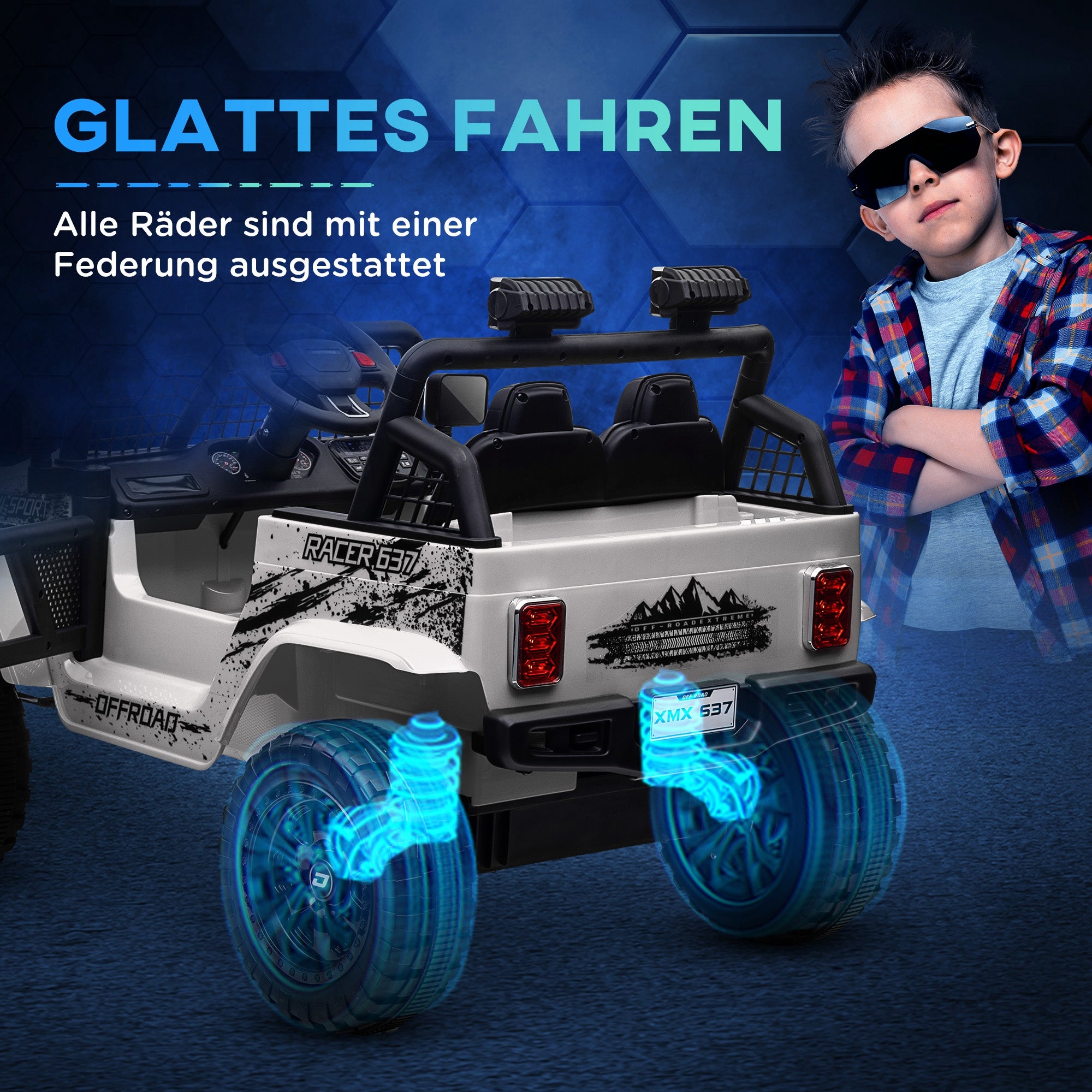 AIYAPLAY Kinder-Elektroauto mit sanfter Federung, fernsteuerbar, LED-Lichter, Hupe, 12V-Motoren, aus Kunststoff und Metall, Weiß