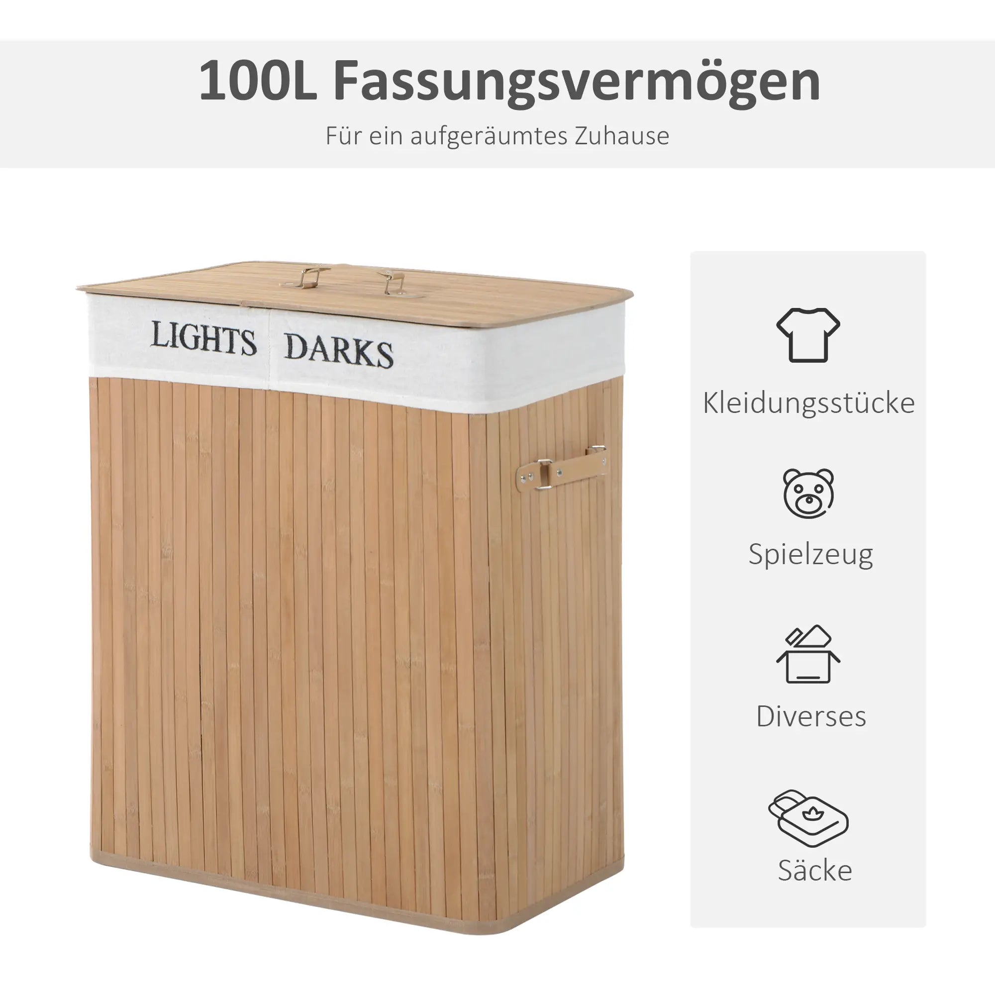 HOMCOM Bambus Wäschekorb mit Deckel 100 L Wäschesammler mit PU-Griffen, Wäschesack aus Segeltuch, Laundry Baskets Wäschesortierer für Waschküche Schlafzimmer Badezimmer Natur