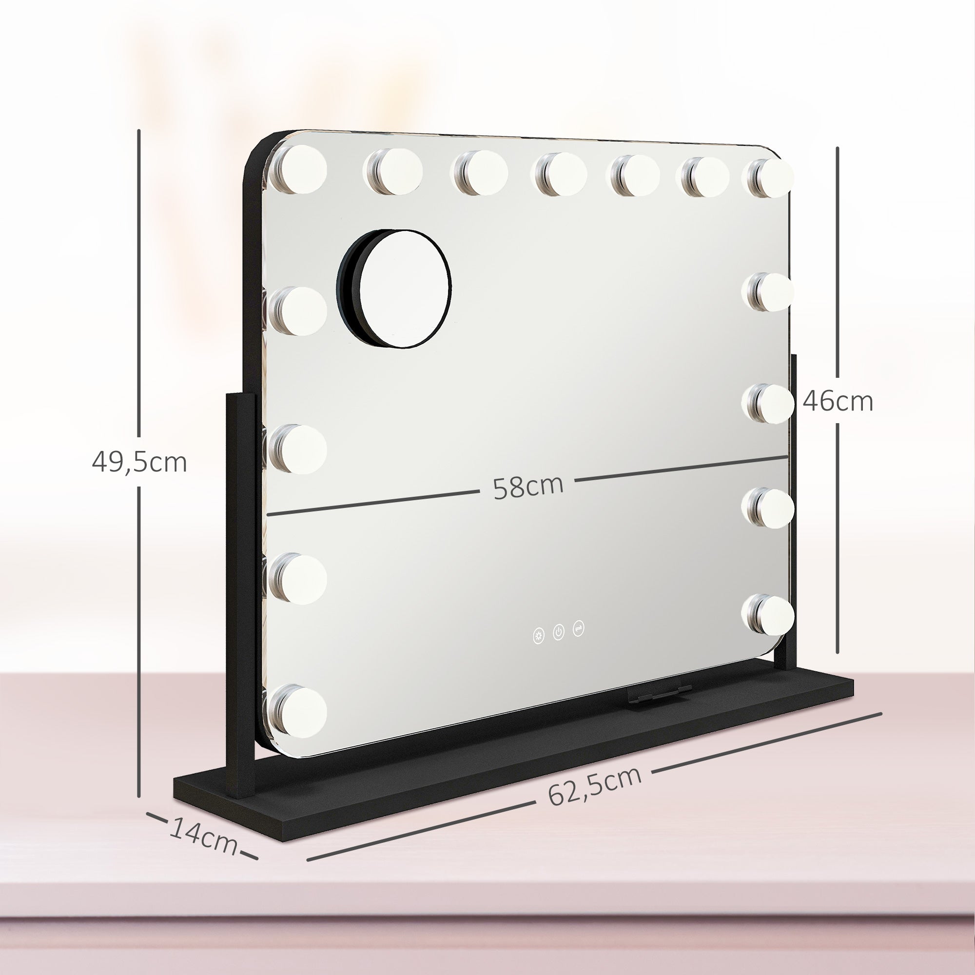 HOMCOM LED Kosmetikspiegel, 3 Lichtmodi, dimmbar, Touchsteuerung, USB, 62,5x49,5cm, Schwarz