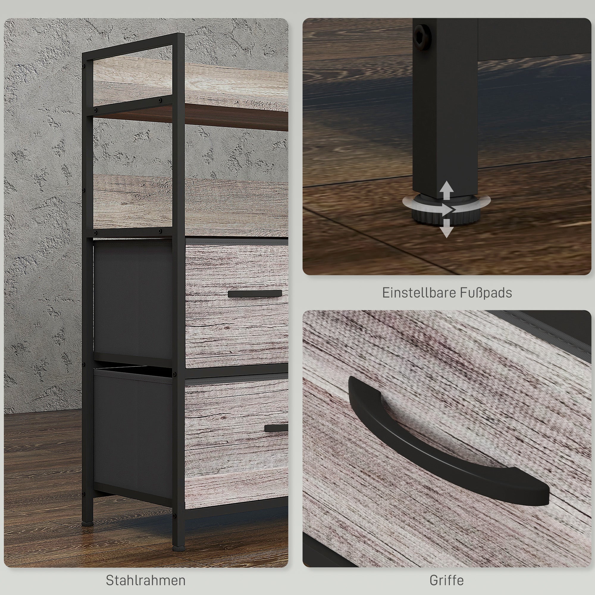 HOMCOM Stoff-Kommode, 5 faltbare Schubladen, 2 Regale, Stahlrahmen, 98 x 29 x 85 cm, Grau