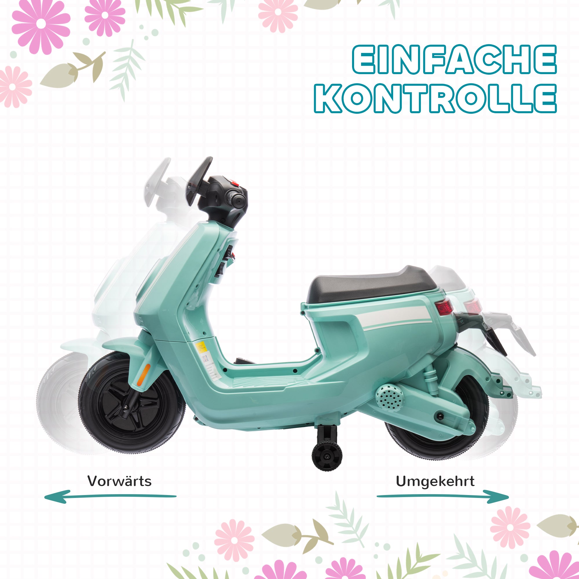 AIYAPLAY 6V Elektro-Motorrad für Kinder, mit Scheinwerfer und Musik, Vor- und Rückwärtsgang, Trainingsräder, 18-36 Monate, Grün