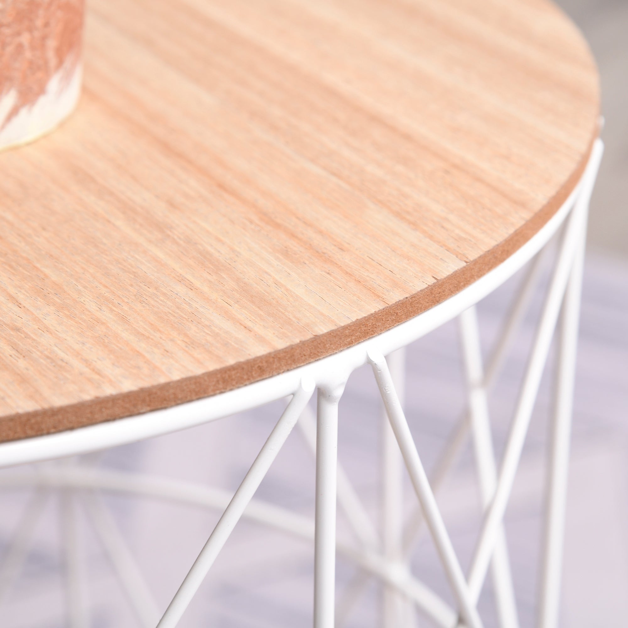 HOMCOM Couchtisch Rund 2er Set stapelbar Wohnzimmertisch Beistelltisch mit abnehmbaren Deckel Satztisch Kaffeetisch mit Metallgestell für Wohnzimmer Natur+Weiß