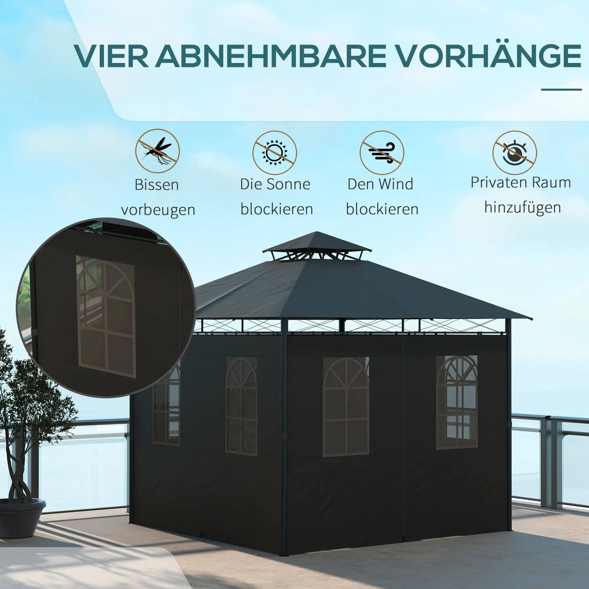 Wetterfester Pavillon 3x3?m mit Seitenwand, Dunkelgrau