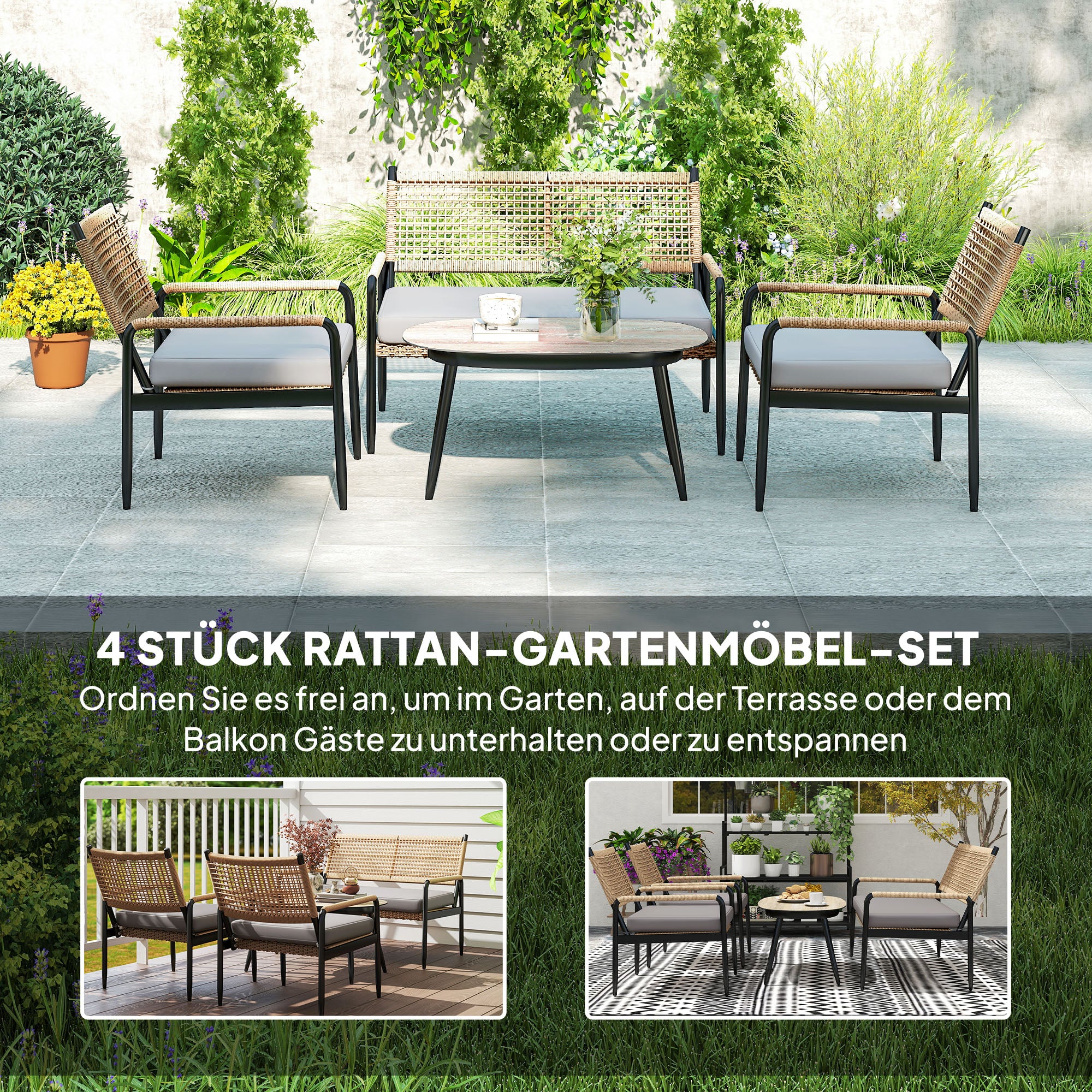 Outsunny Gartenmöbel Set aus Polyrattan Lounge-Set mit 2er Sofa Sessel Glastisch Kissen für 4 Personen Dunkelgrau+Gelb
