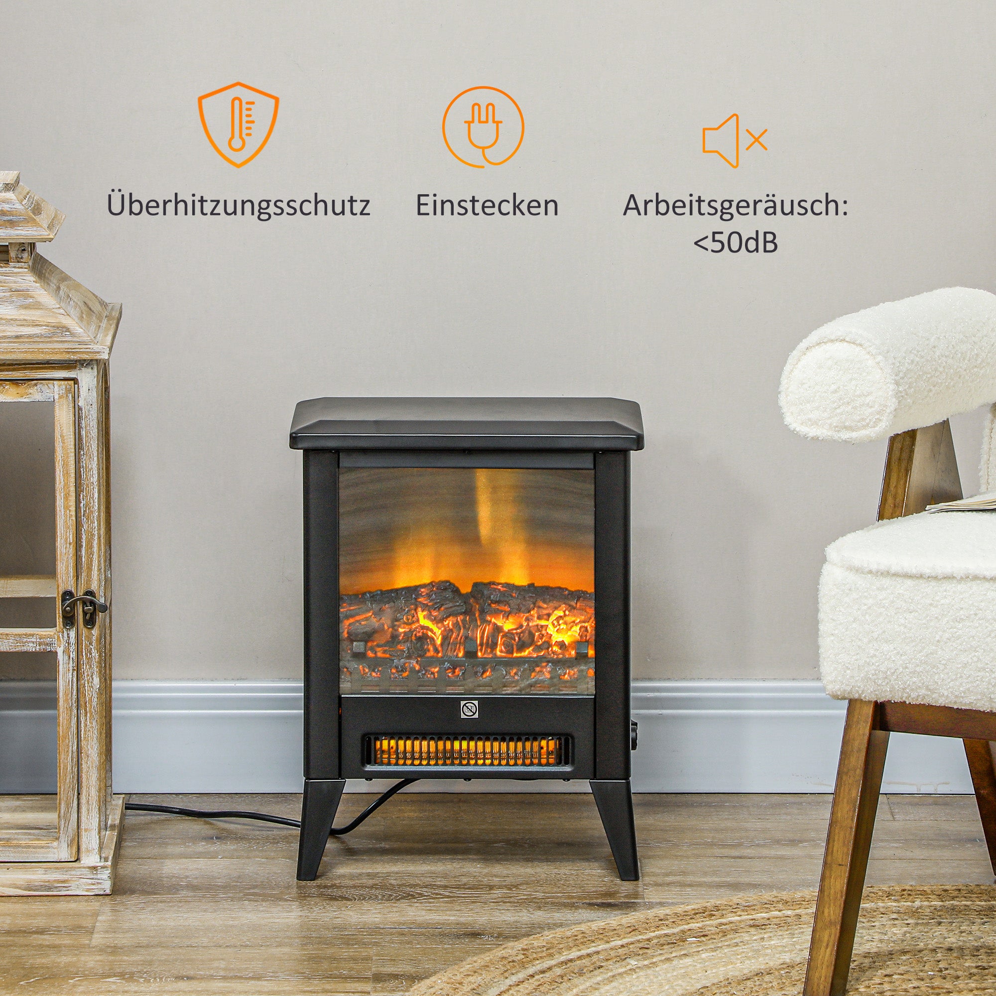 HOMCOM Elektrischer Kamin mit realistischem Feuereffekt, Überhitzungsschutz und niedrigem Geräuschpegel, 1800W, Schwarz