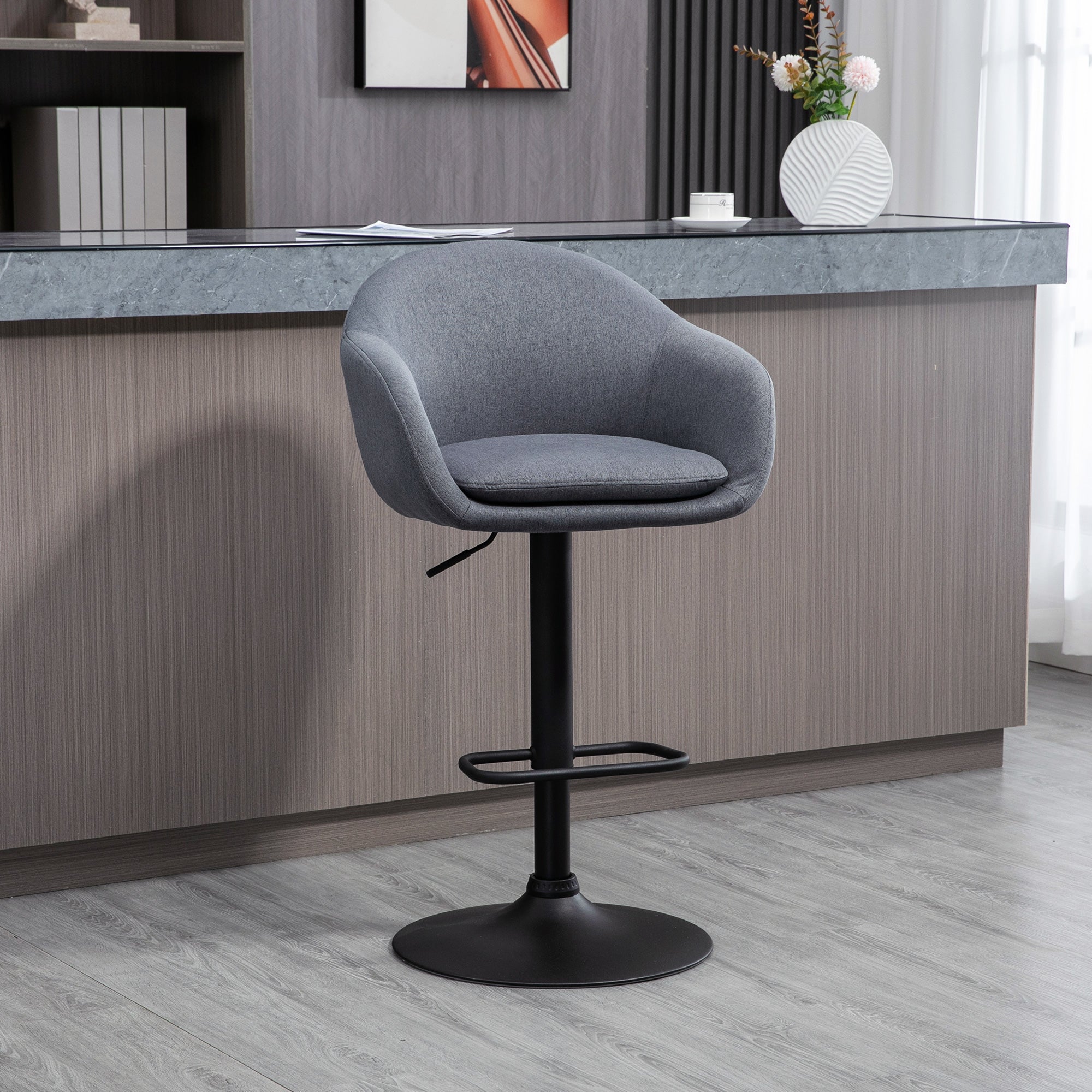 HOMCOM Barhocker höhenverstellbar mit Lehne und mit Fußstütze; Leinenoptik, 54 cm x 54 cm x 112 cm, Grau