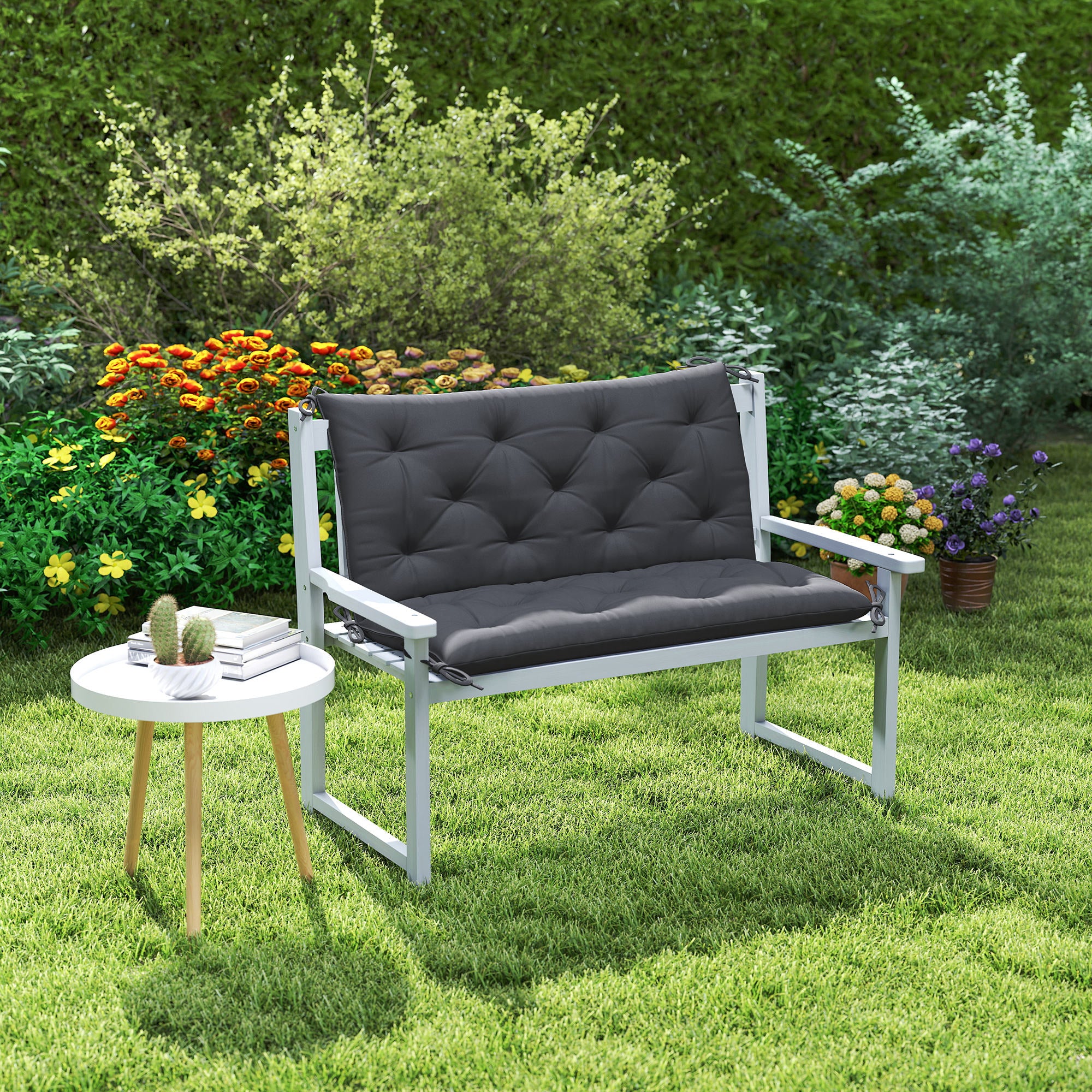 Outsunny 2 Sitzer Bankauflage 100 x 98 x 8 cm Sitzkissen mit Bändern Rückenkissen für Indoor/Outdoor Polster Auflage für Sitzbank Gartenbank Gartenmöbel Hollywoodschaukeln Dunkelgrau