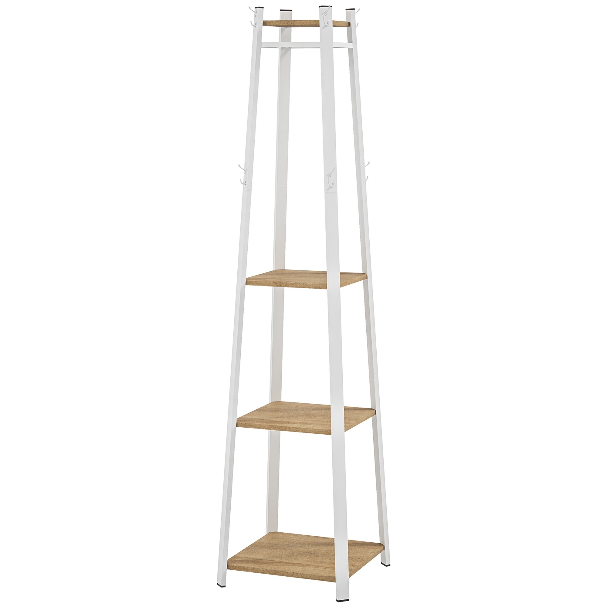 HOMCOM Kleiderständer, Trapez-Design, dreistufig, 8 Doppelhaken, Stahll, Weiß+Eiche
