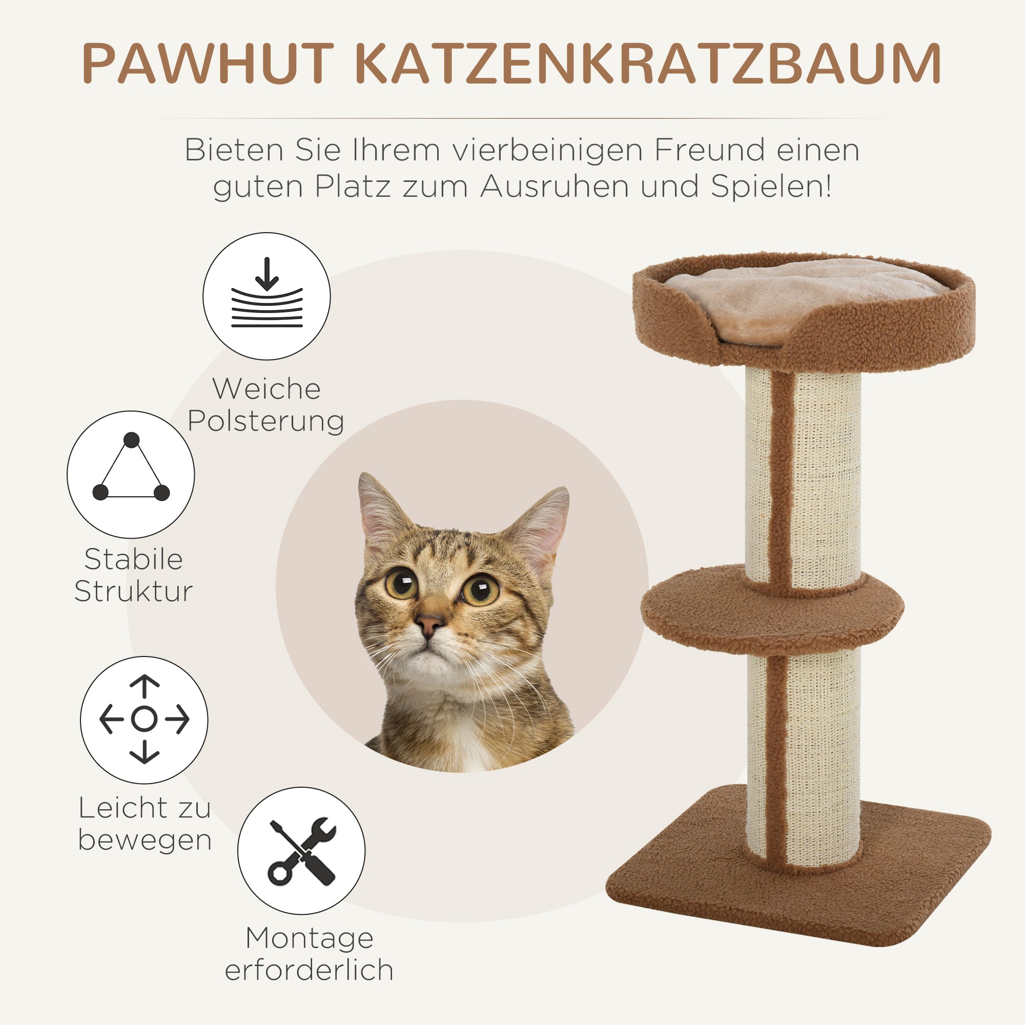 PawHut Kratzbaum 91 cm Katzenturm mit Sisalstämme, Plattform, Kissen mehrstöckiger Katzenkratzbaum, Kletterbaum, für mittelgroße Katzen, Hellbraun