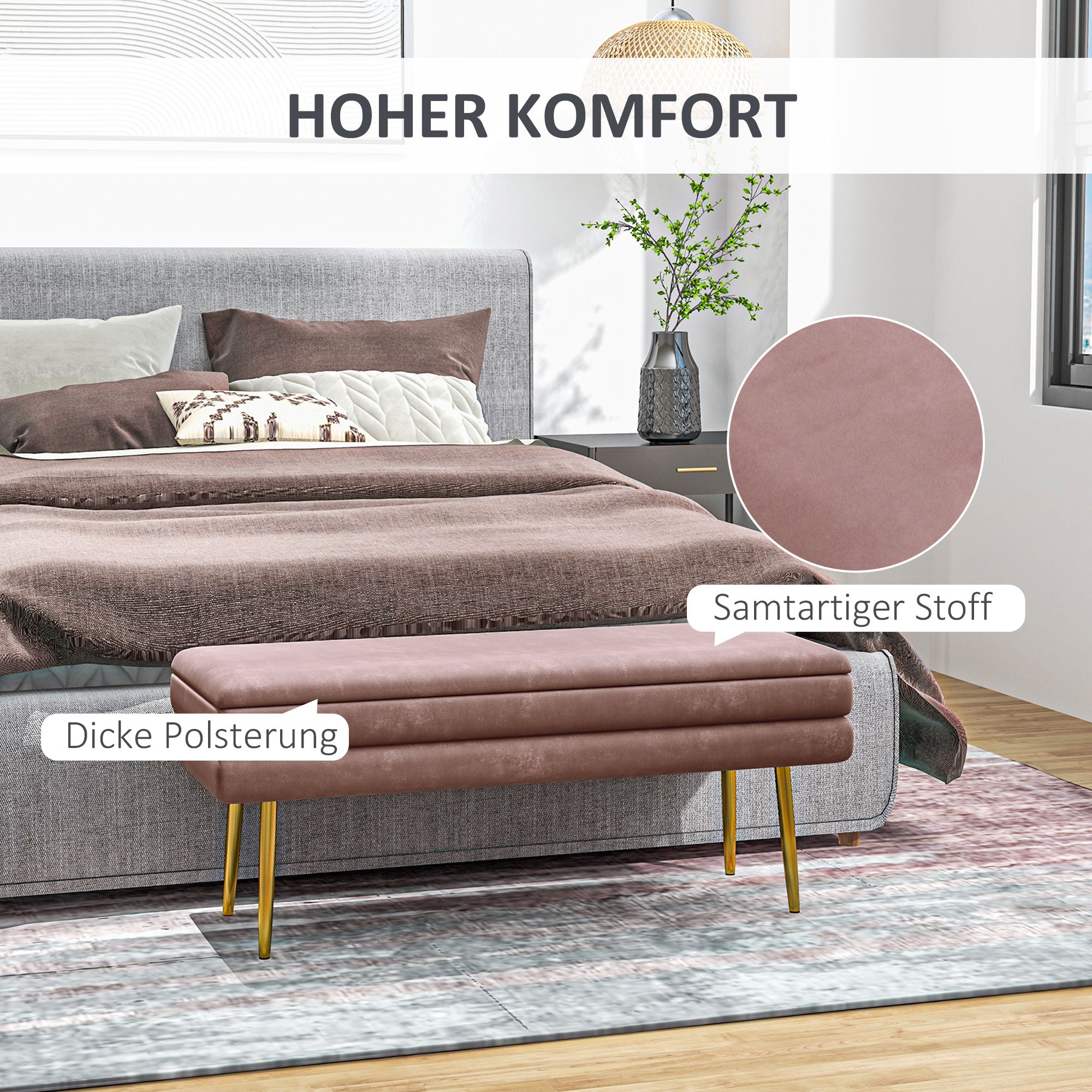 HOMCOM Sitzbank Polsterbank, mit Stauraum, Stahl, 100 x 37,5 x 42 cm, Rosa