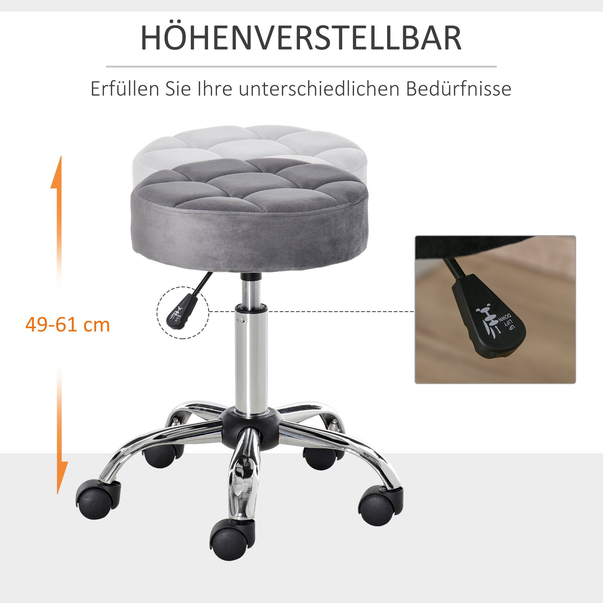 HOMCOM Salonstuhl mit Rädern Rollhocker höhenverstellbar drehbar Salon Hocker Samt-Touch Schaumstoff Chrom-Basis Hellgrau 35 x 35 x 49-61 cm
