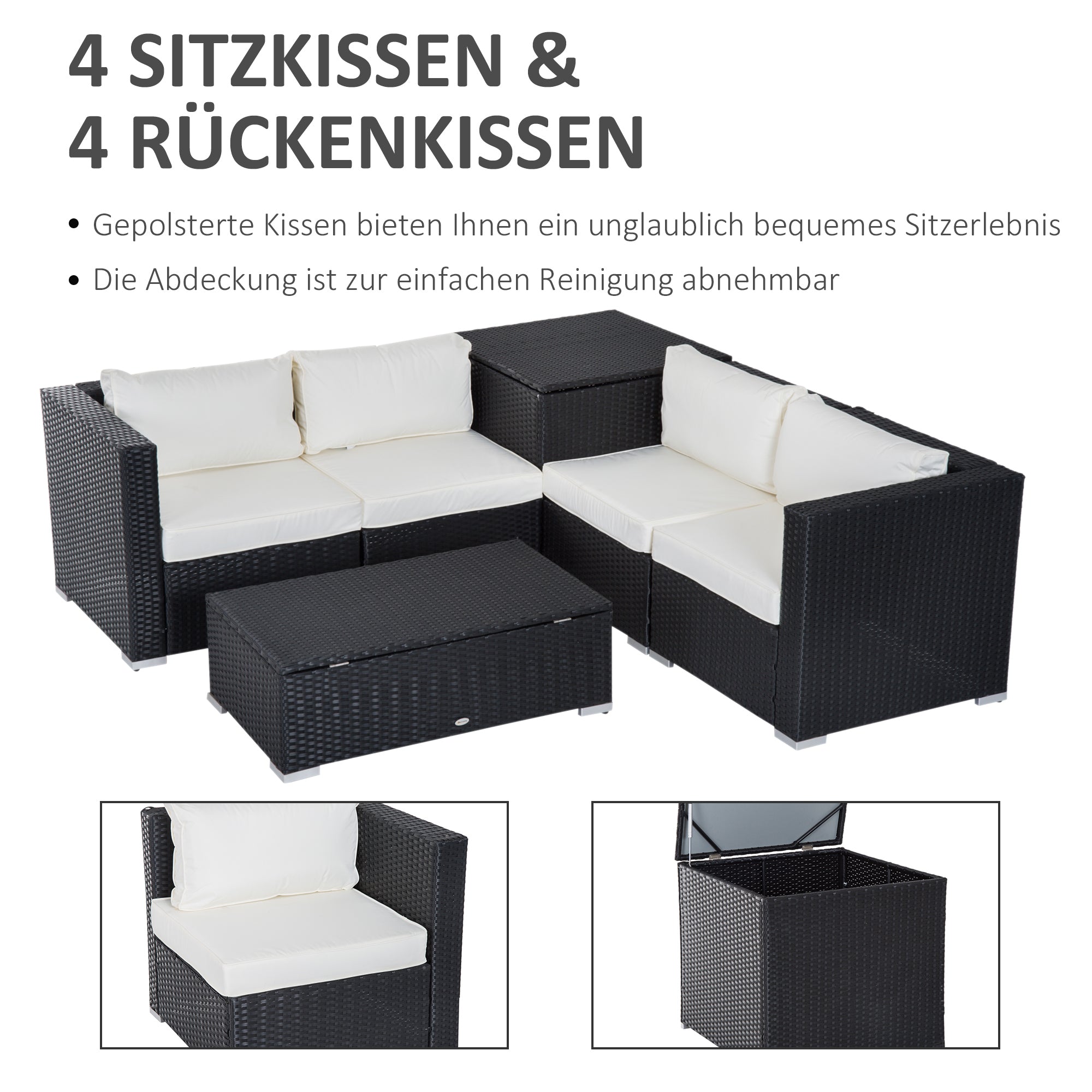 Outsunny Polyrattan Gartenmöbel Set für 4 Personen Sitzgarnitur mit Kissen Sitzgruppe Tisch mit Stauraum Schwarz+Creme
