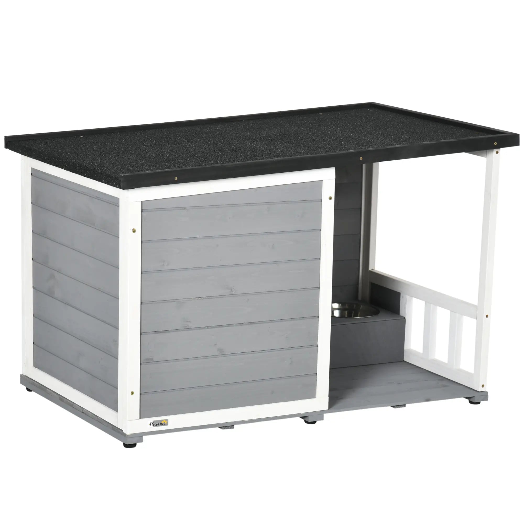 PawHut Hundehütte aus Massivholz, mit 2 Fressnäpfen, Veranda, wetterbeständig, 103 cm x 62 cm x 66 cm, Grau + Weiß
